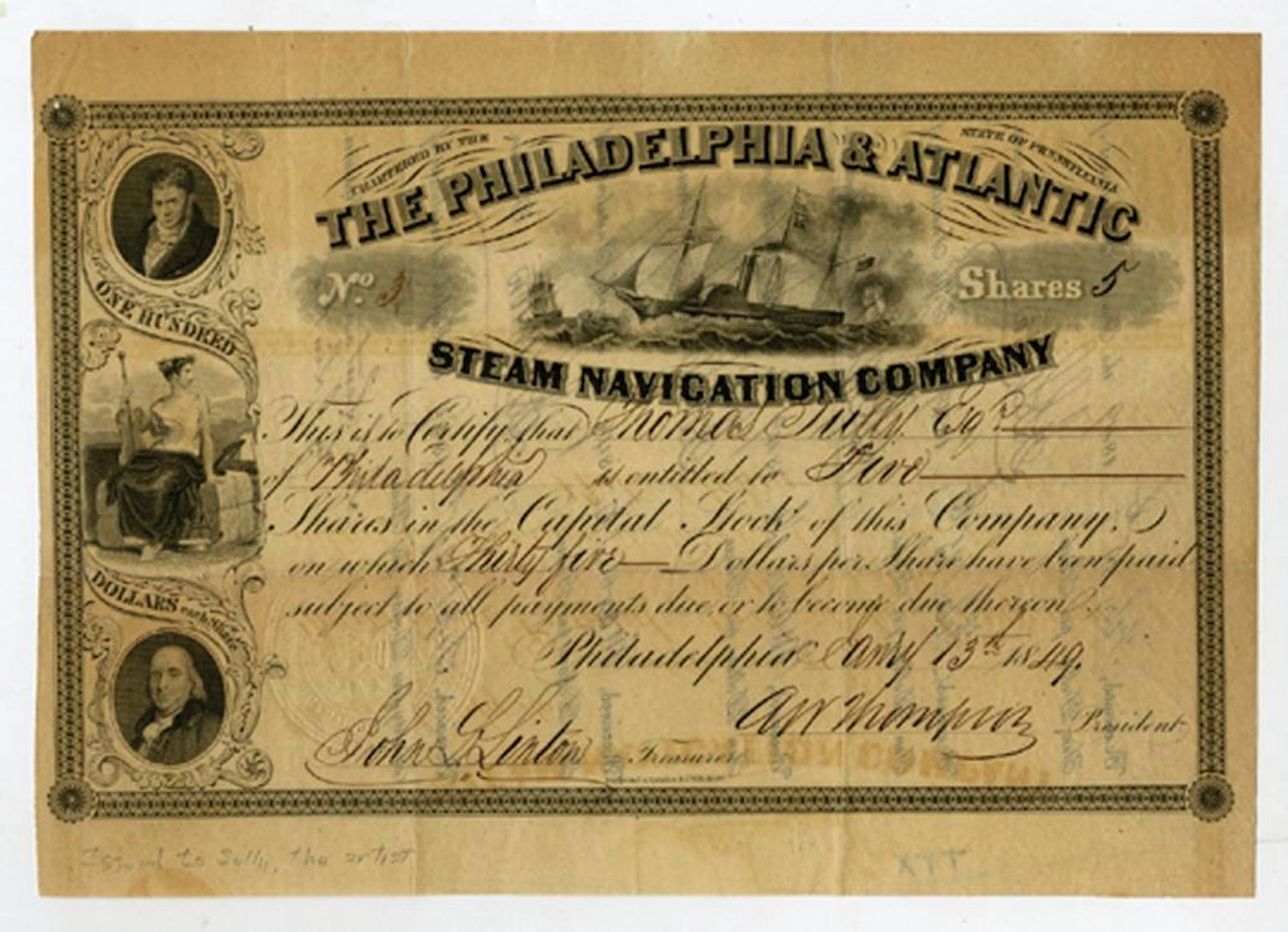 Philadelphia & Atlantic Steam Navigation Co., 1849, I/U Stock Certificate