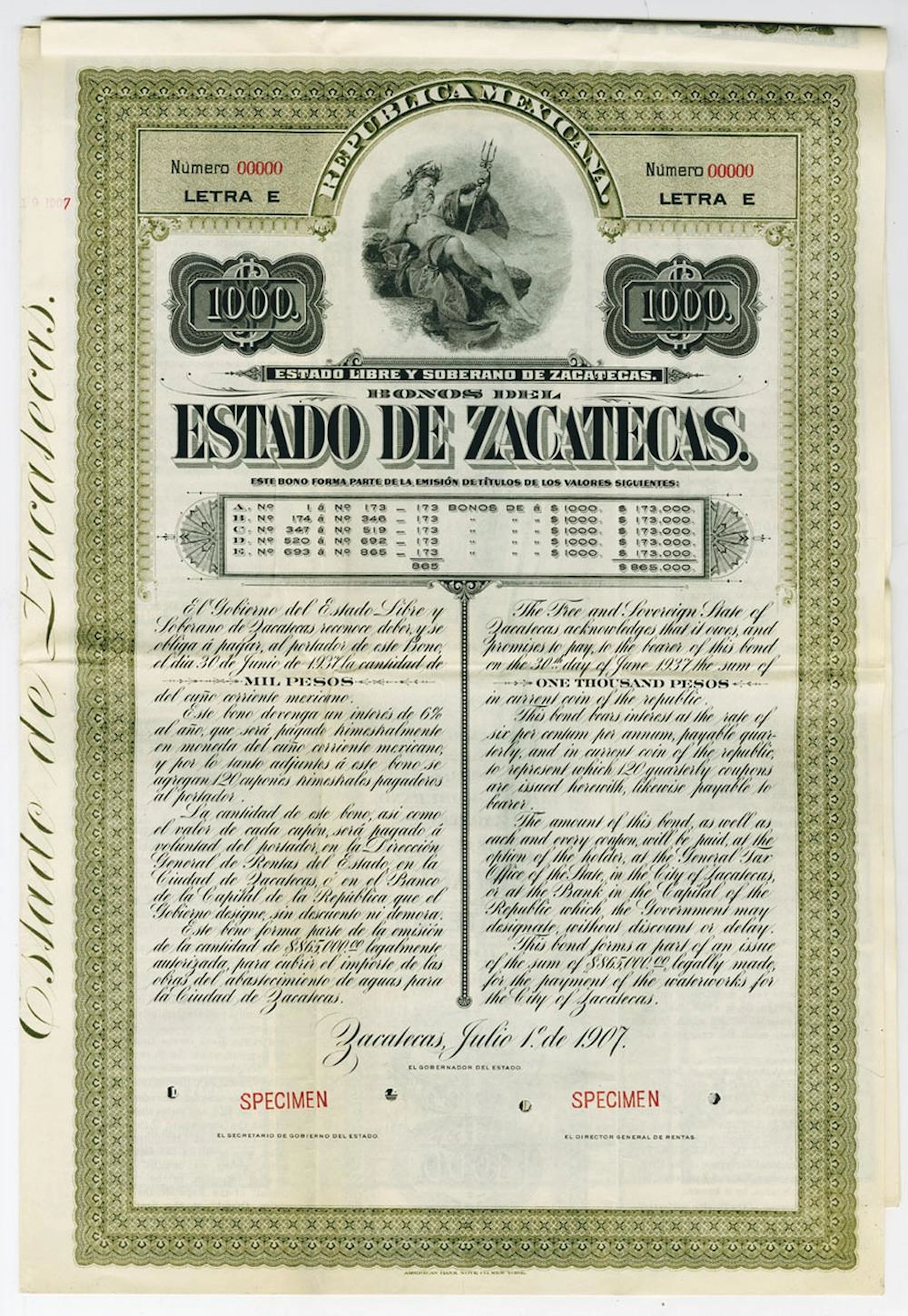 Mexico, Estado de Zacatecas, 1907 1000 Pesos Letter E Specimen Bond.