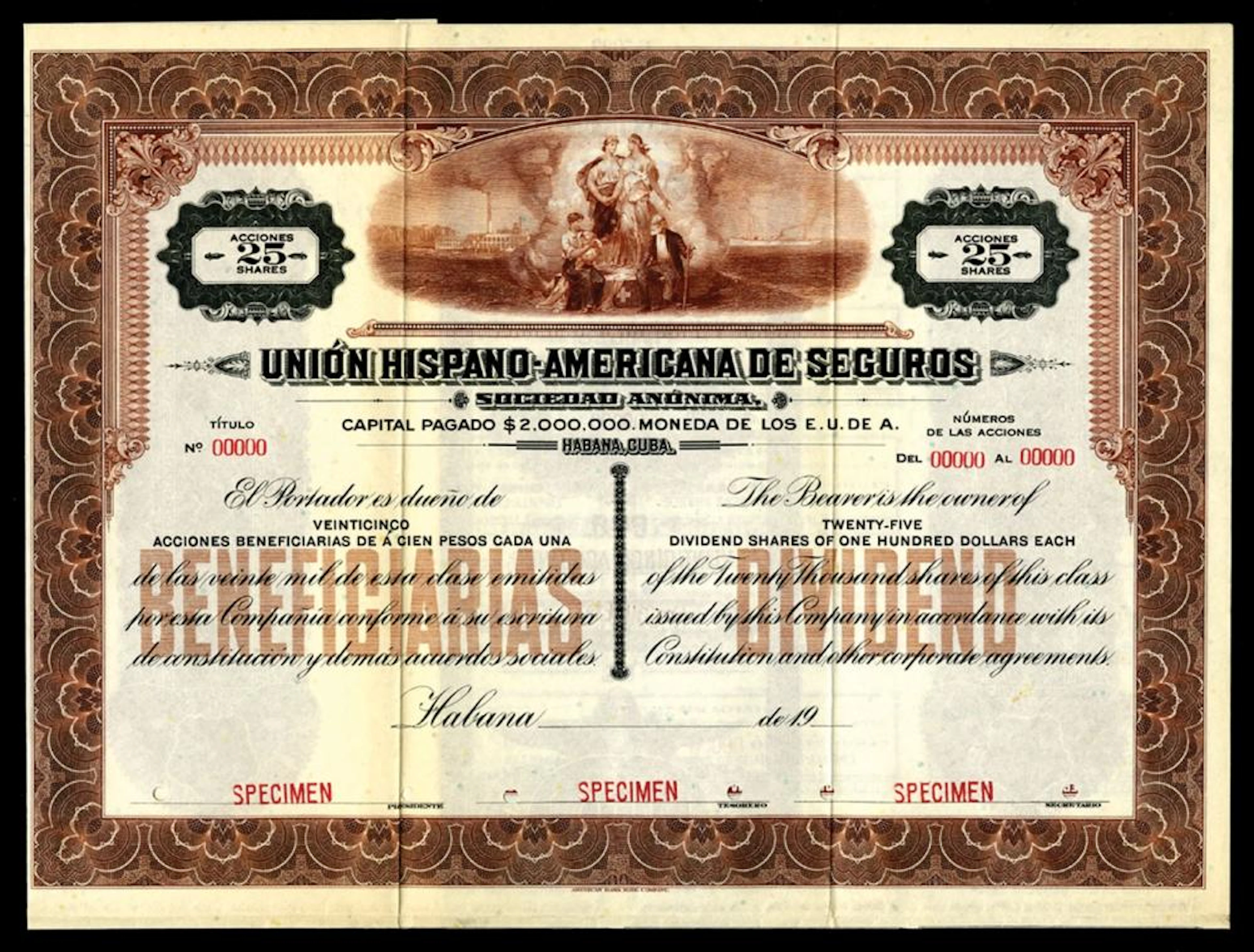 Cuba, Union Hispano-Americana De Seguros Specimen Bond.