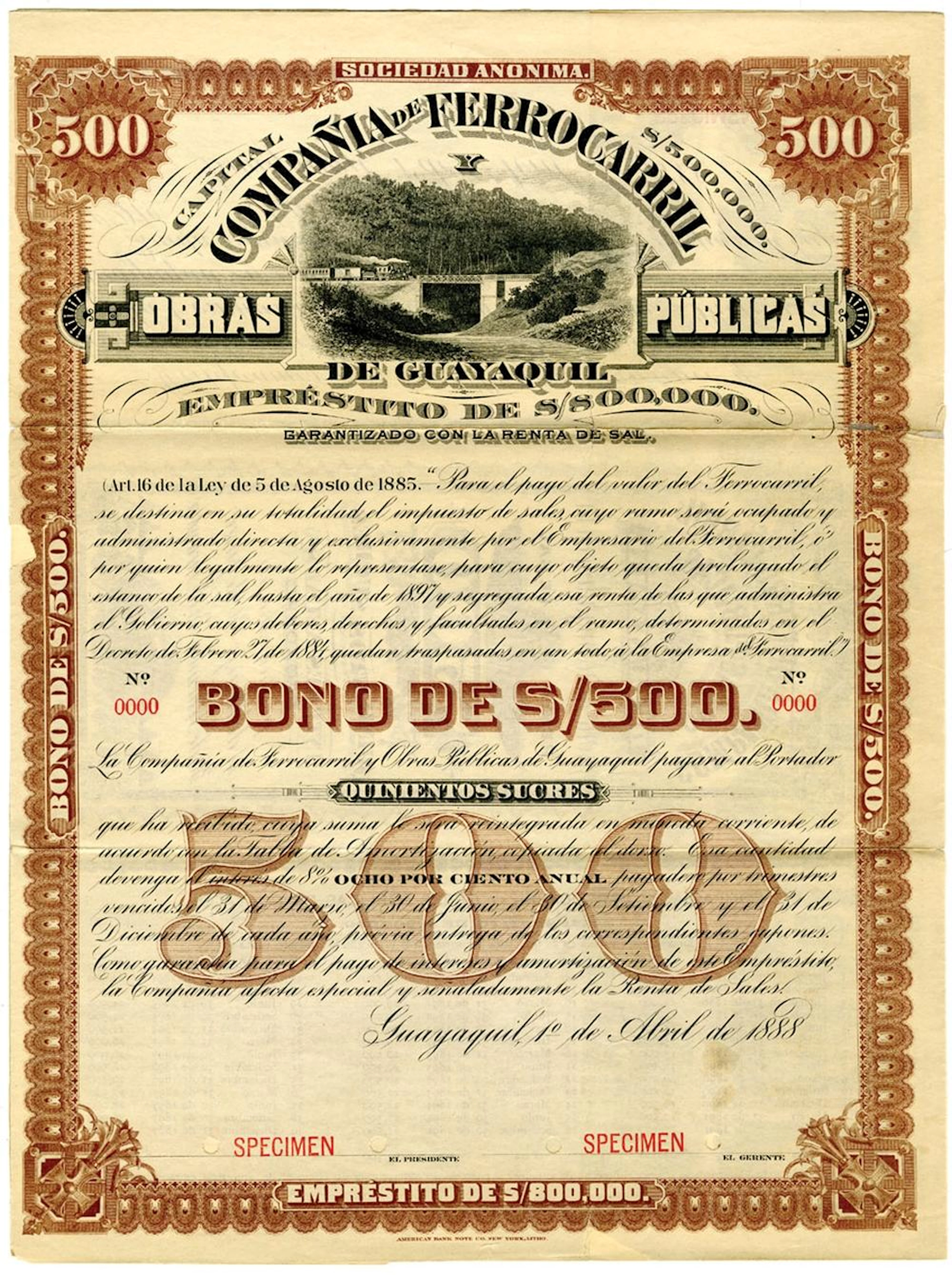 Ecuador, Compania de Ferrocarril de Guayaquil, 1888 Specimen Bond Rarity