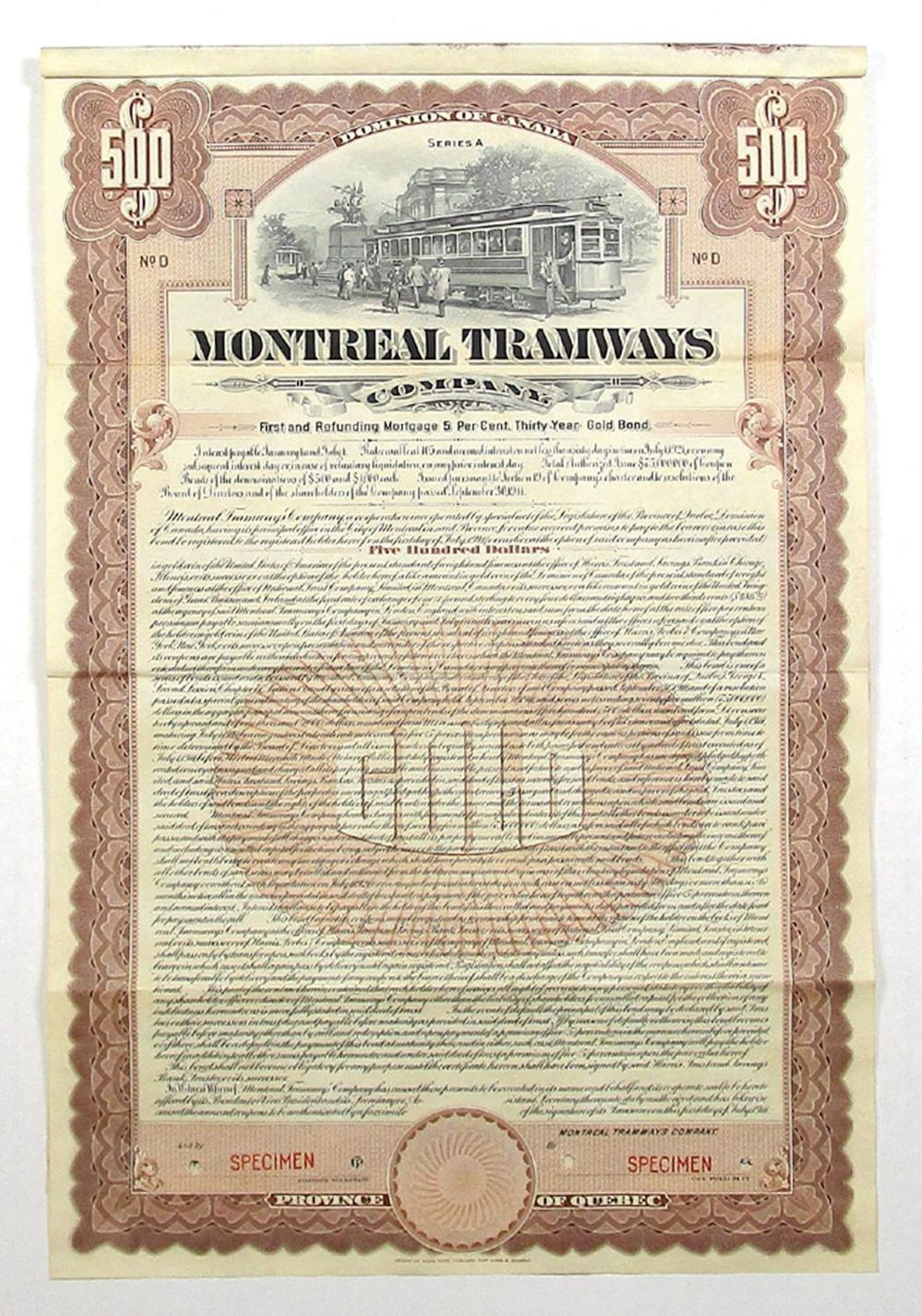 Montreal Tramways Co., 1911, Specimen Bond