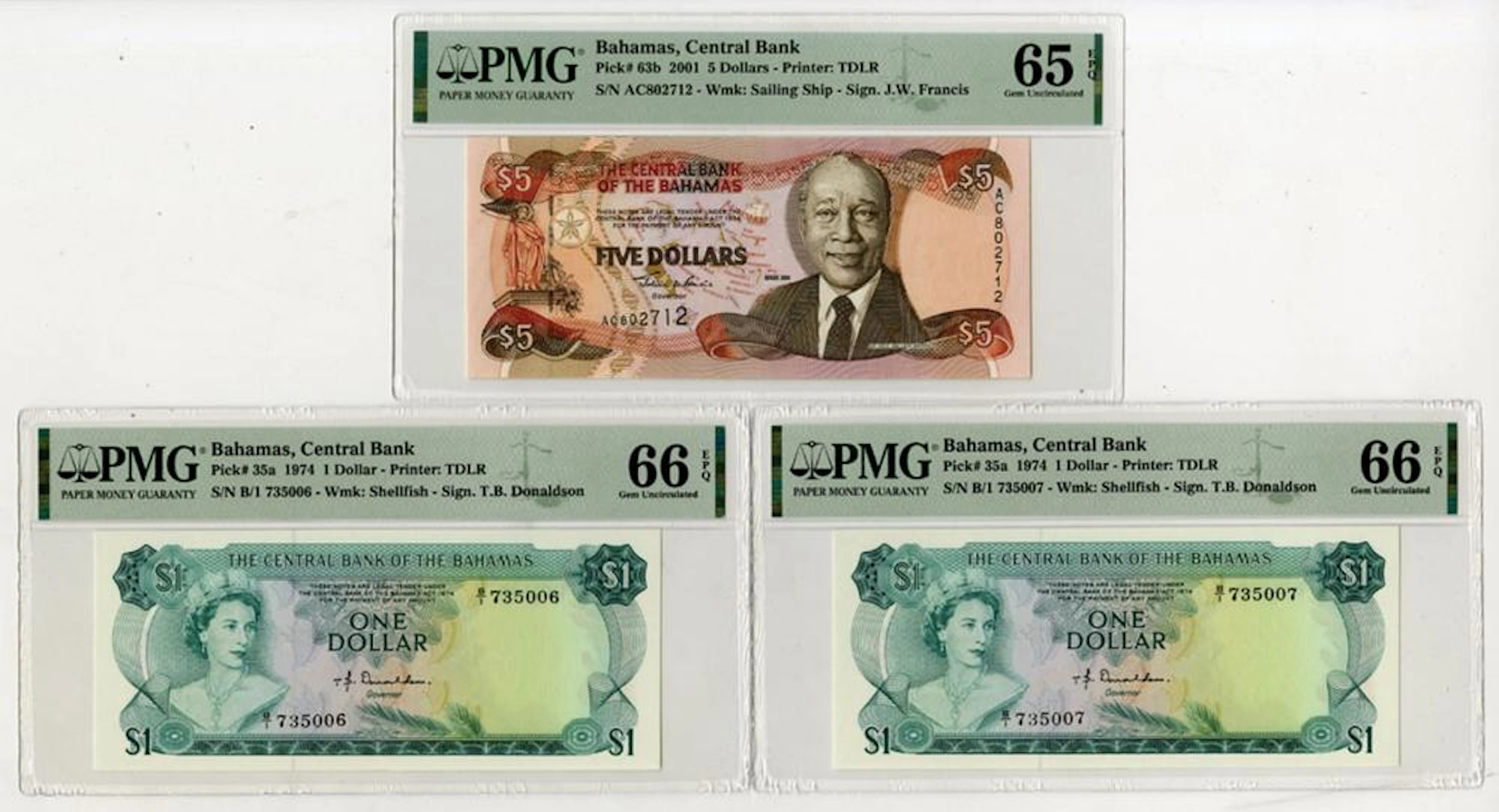 Bahamas, Central Bank of the Bahamas, 1974-2001, Trio of Issued Banknotes