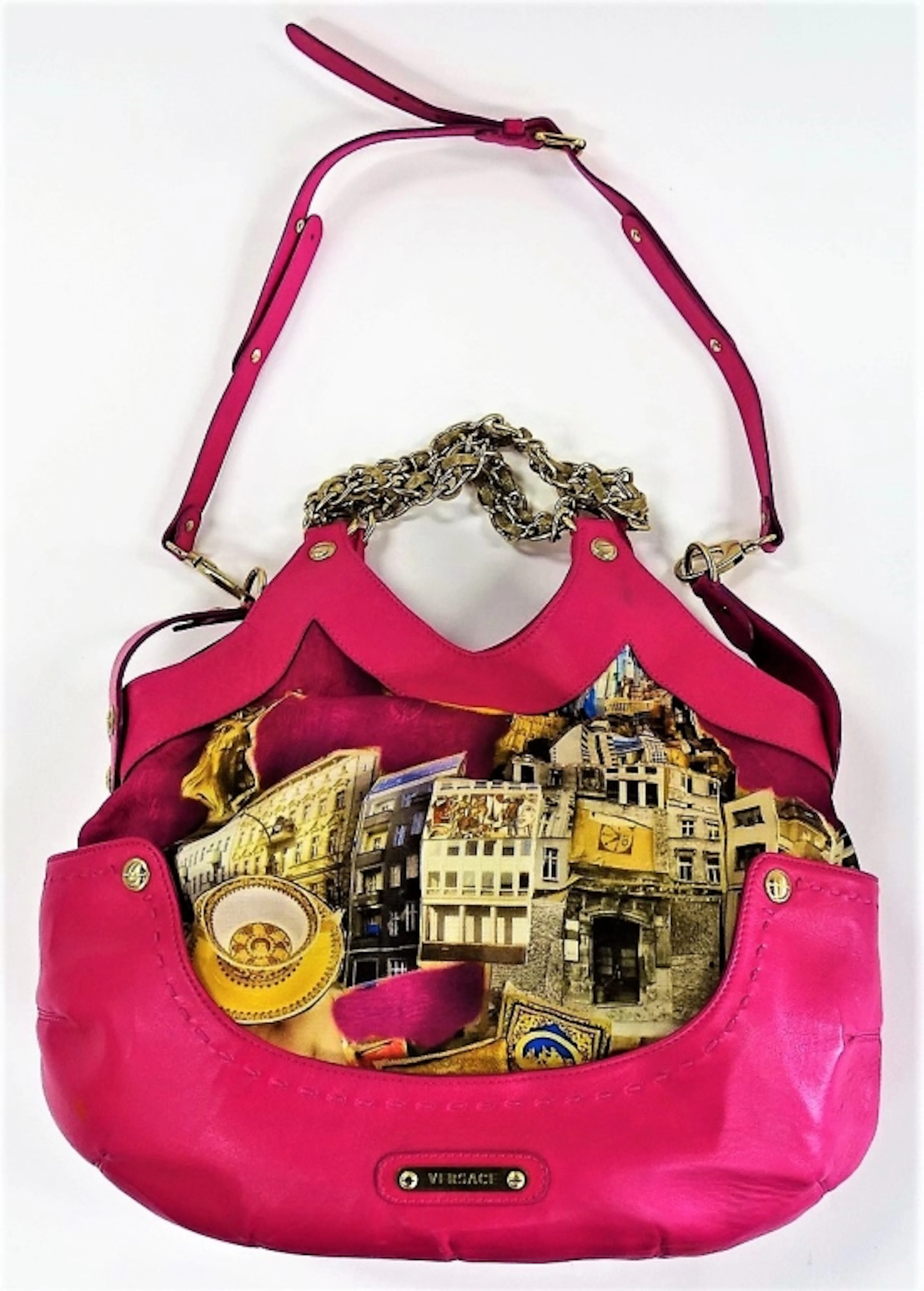 VERSACE FUCSHIA LAMBSKIN & SILK PRINT HANDBAG
