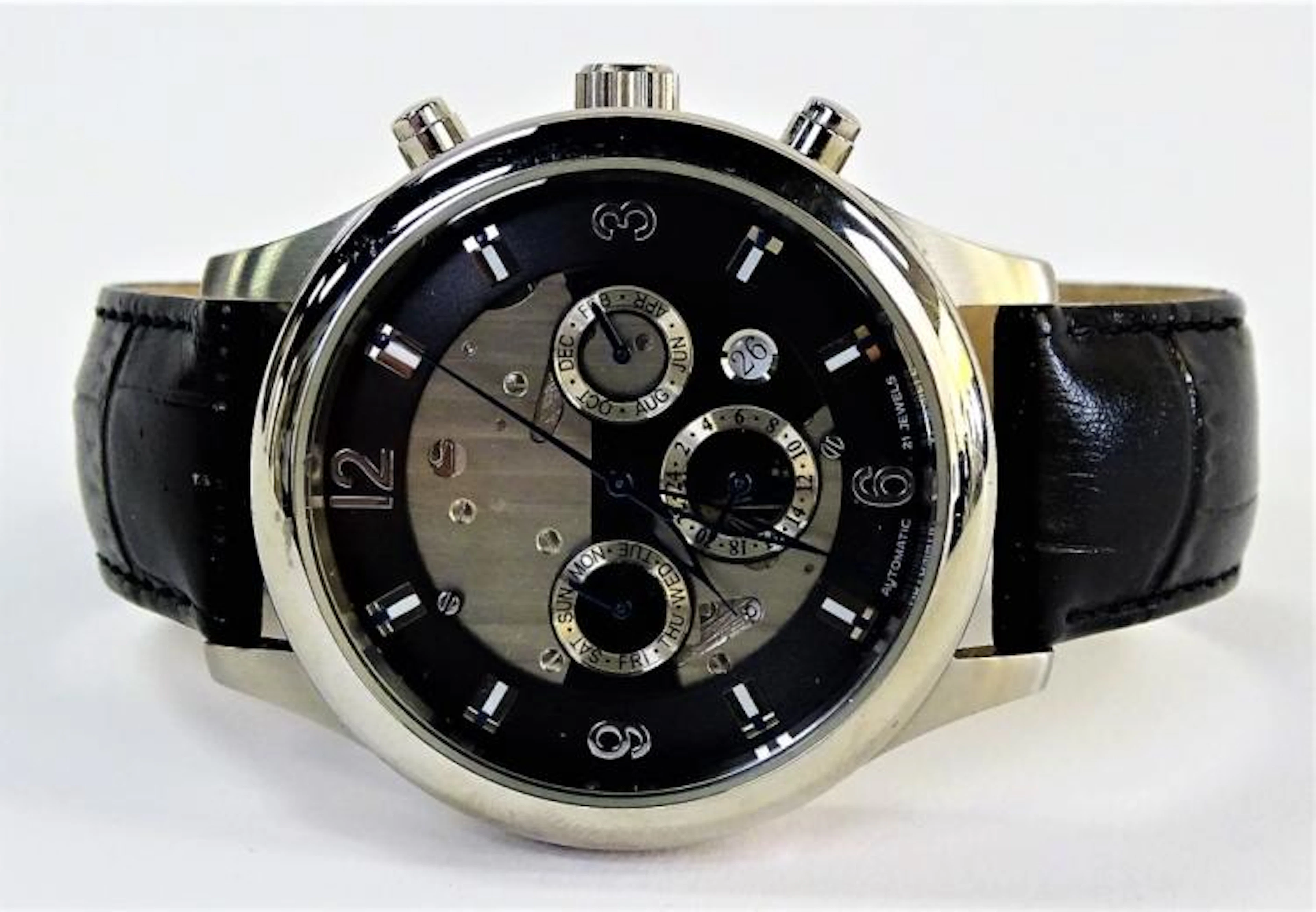 ROUSSEAU AUTOMATIC MEN'S WATCH BLACK LEATHER STRAP