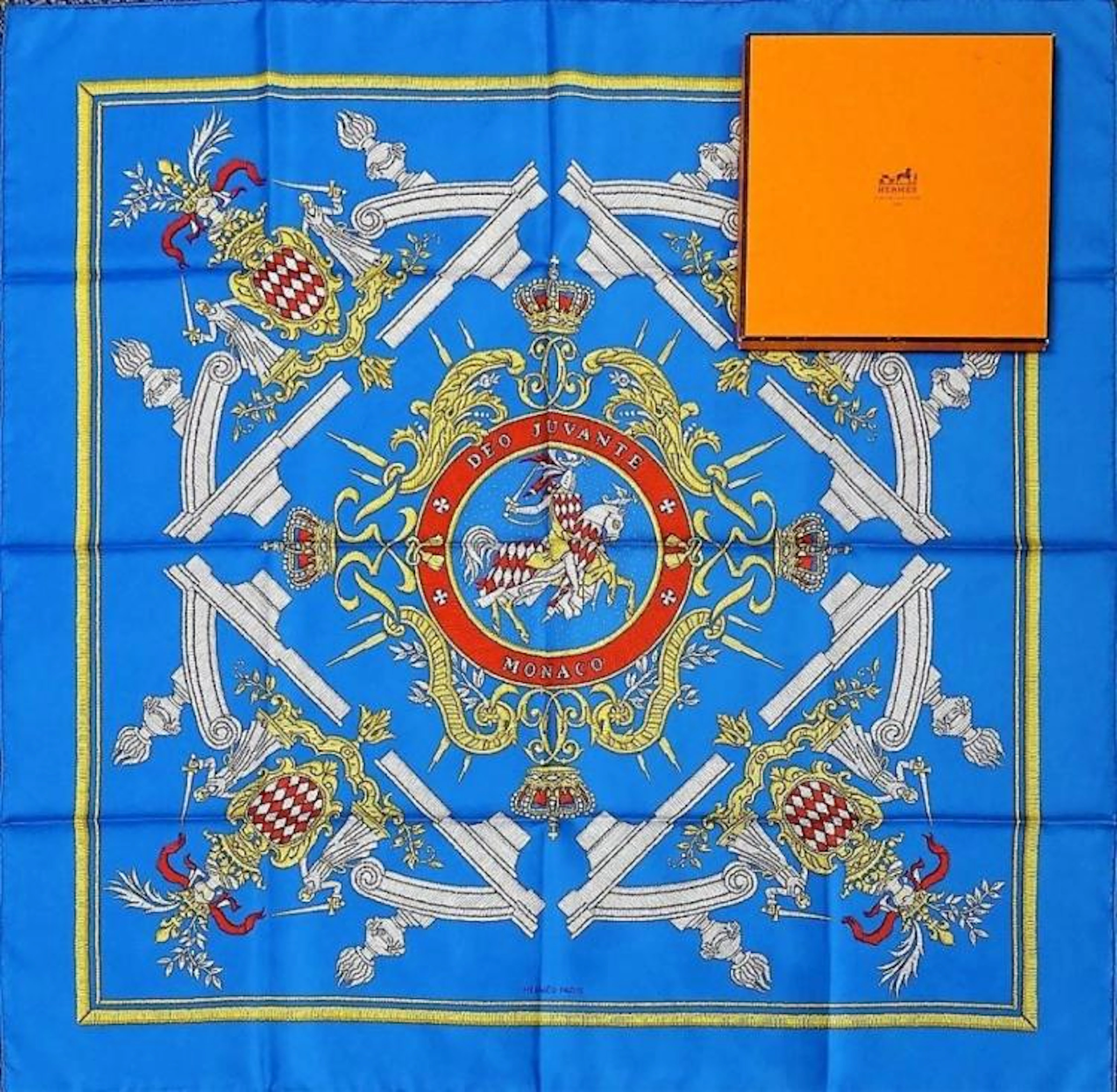 HERMES PARIS "DEO JUVANTE MONACO" SILK SCARF W/BOX