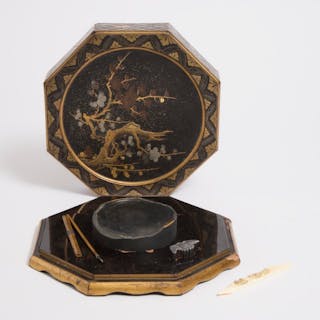 An Octagonal Suzuribako (Writing Box), Together With an Ivory Tool