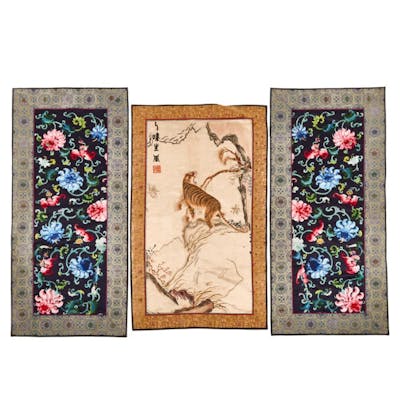 A Pair of Blue-Ground 'Bats and Peonies' Panels, Together With an