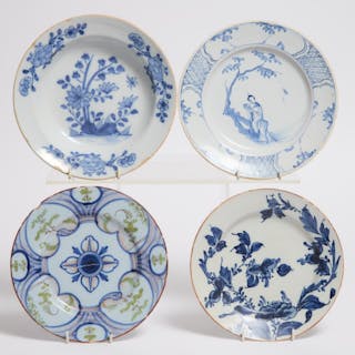 Three English Delft Blue and White Plates and a Bowl, probably Bristol
