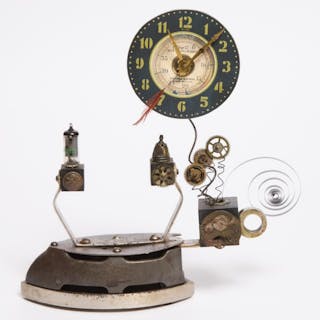 Contemporary 'Steampunk' Tailor's Iron Table Clock, Roger Wood, Hamilton