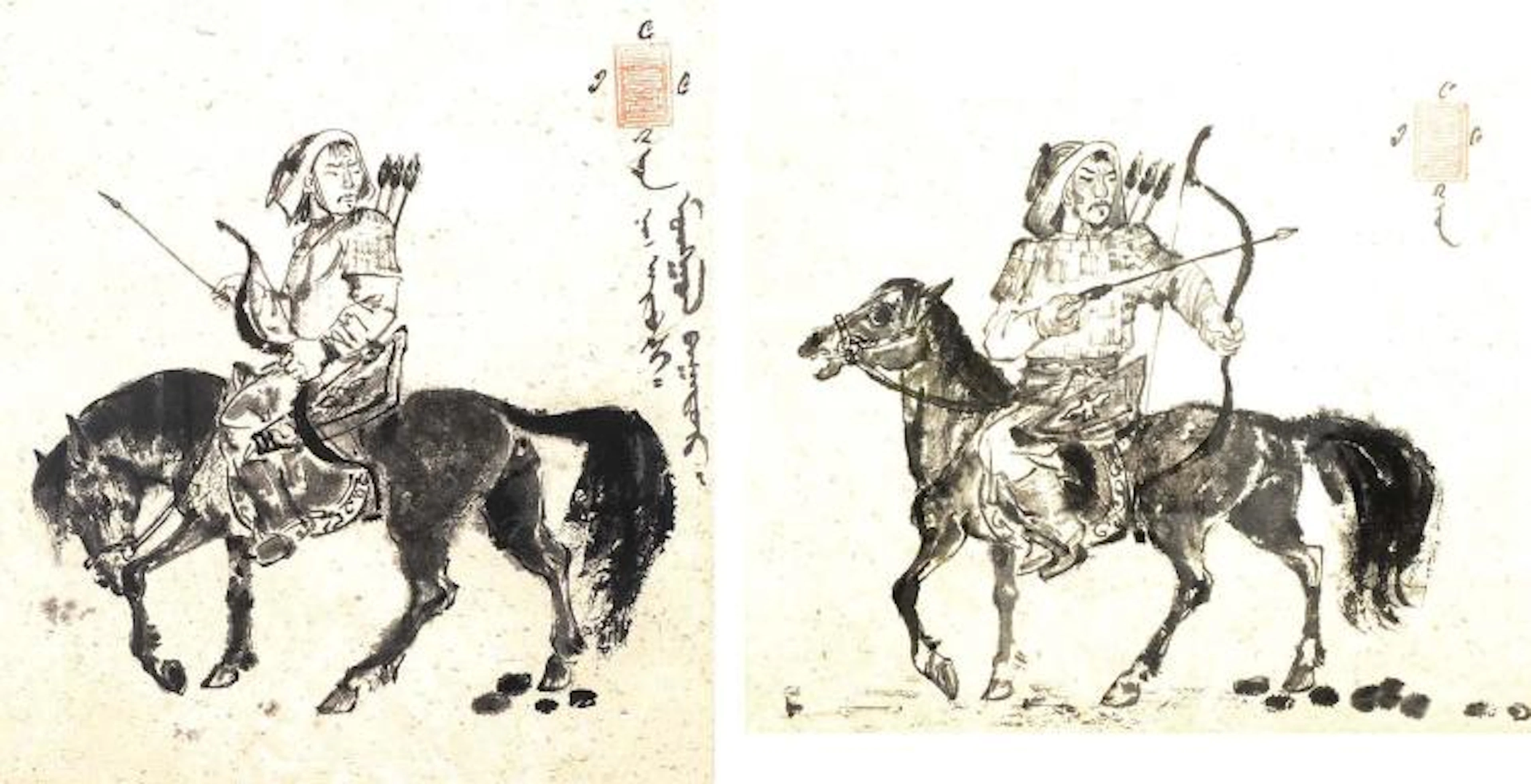 SUITE DE DEUX PEINTURES CHINOISES Cavaliers Mongoliens