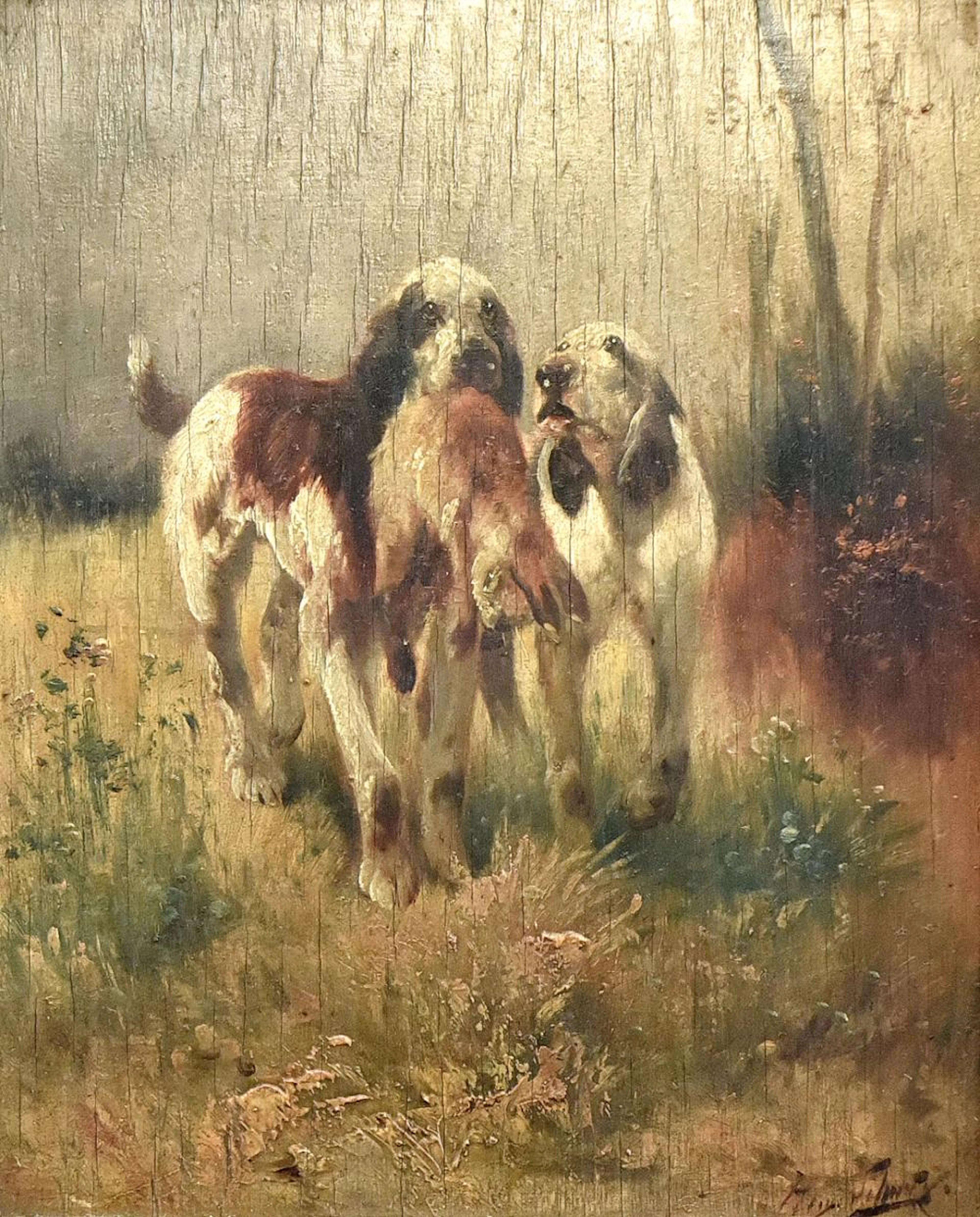 HENRY SCHOUTEN (1857-1927) Chiens de chasse ramenant le gibier