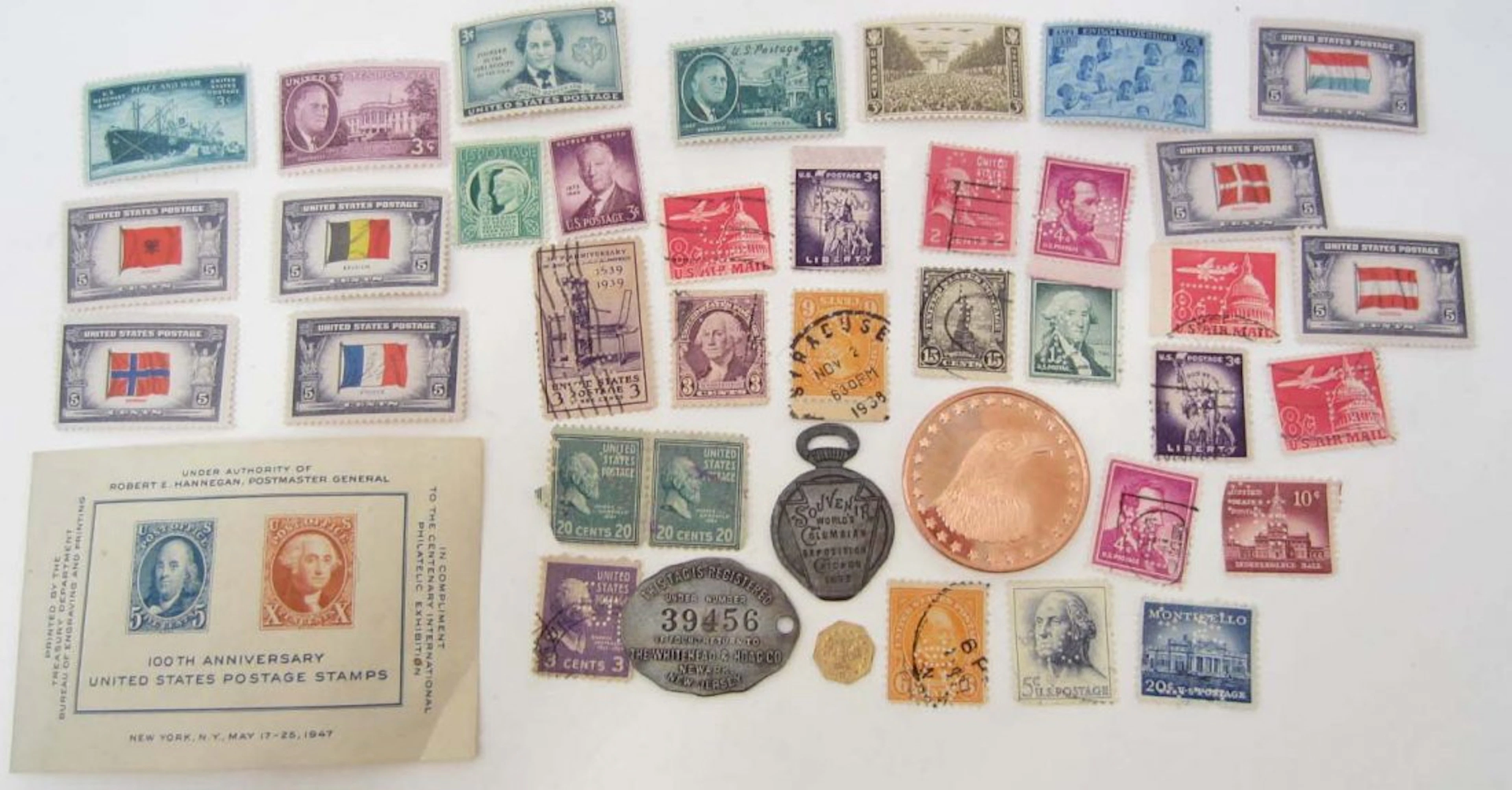 Lot of misc. us stamps, copper coin, token & watch fobs