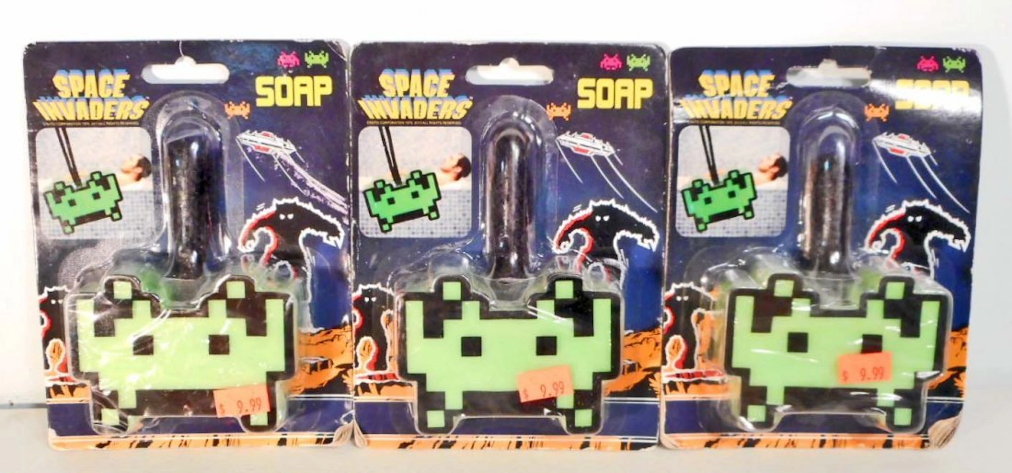 Lot of 3 new space invaders figural soap on a ropes