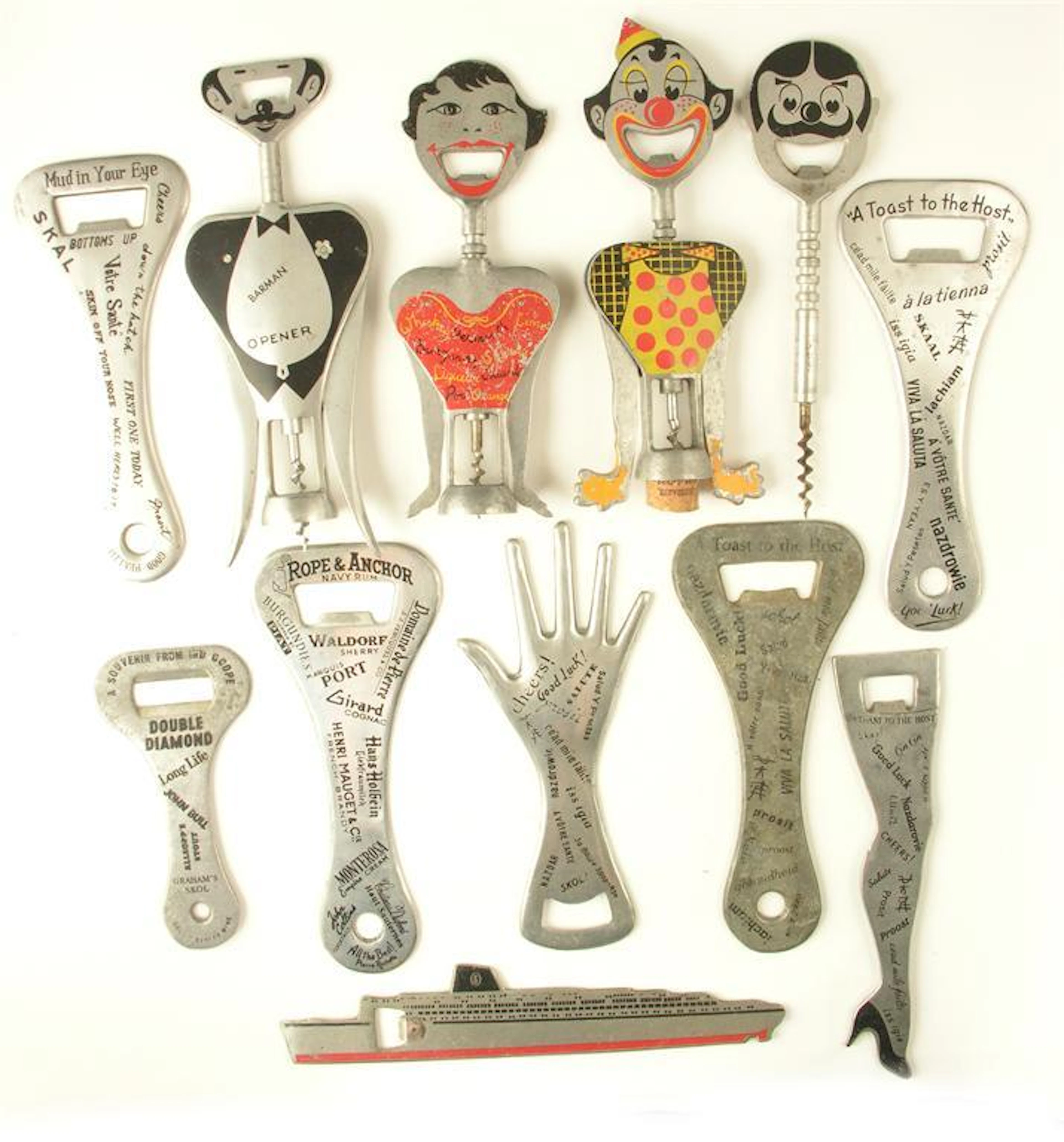 Three Italian Carlo Gemelli double lever aluminium character corkscrews; clown; barman; barmaid; and
