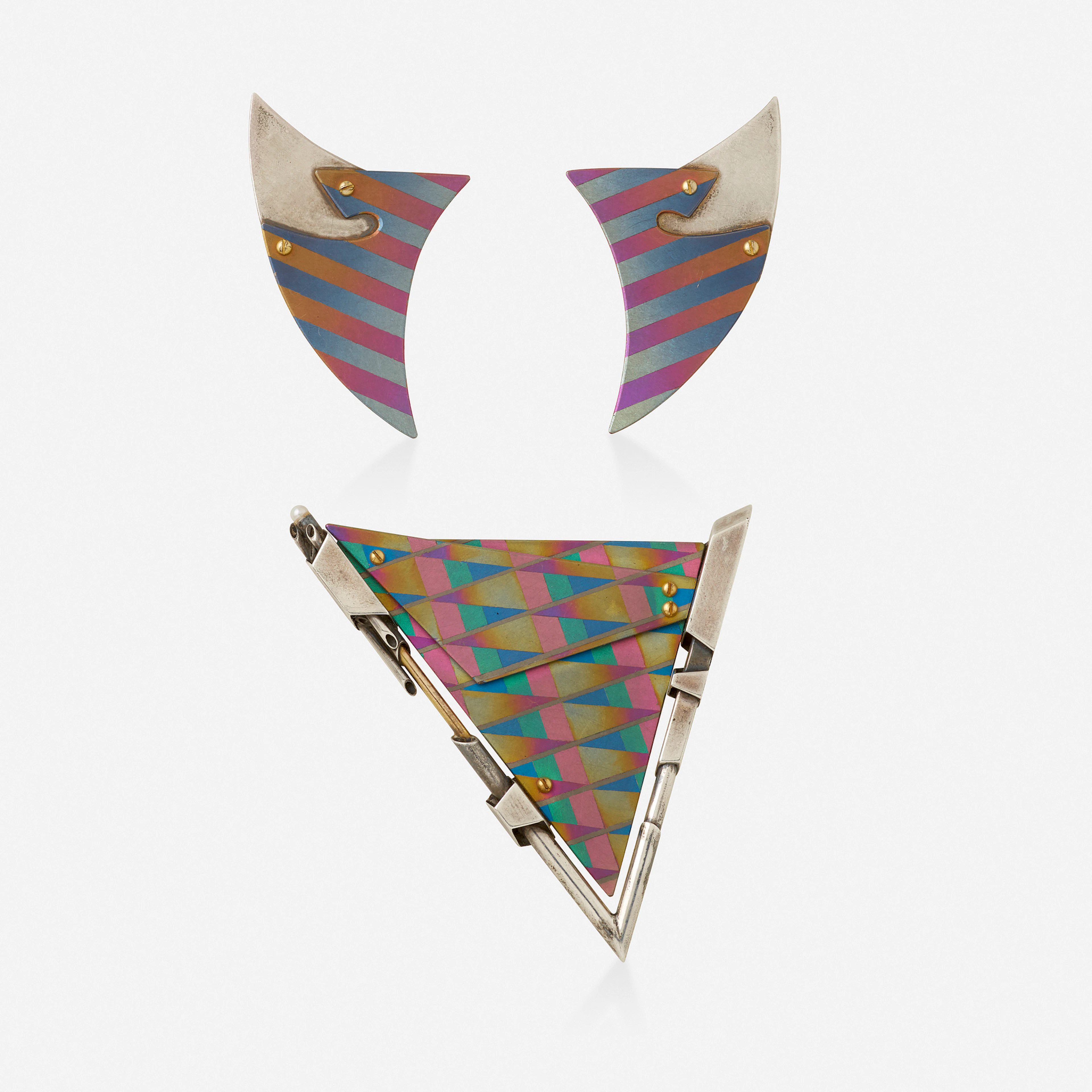 Anodized brooch and earrings