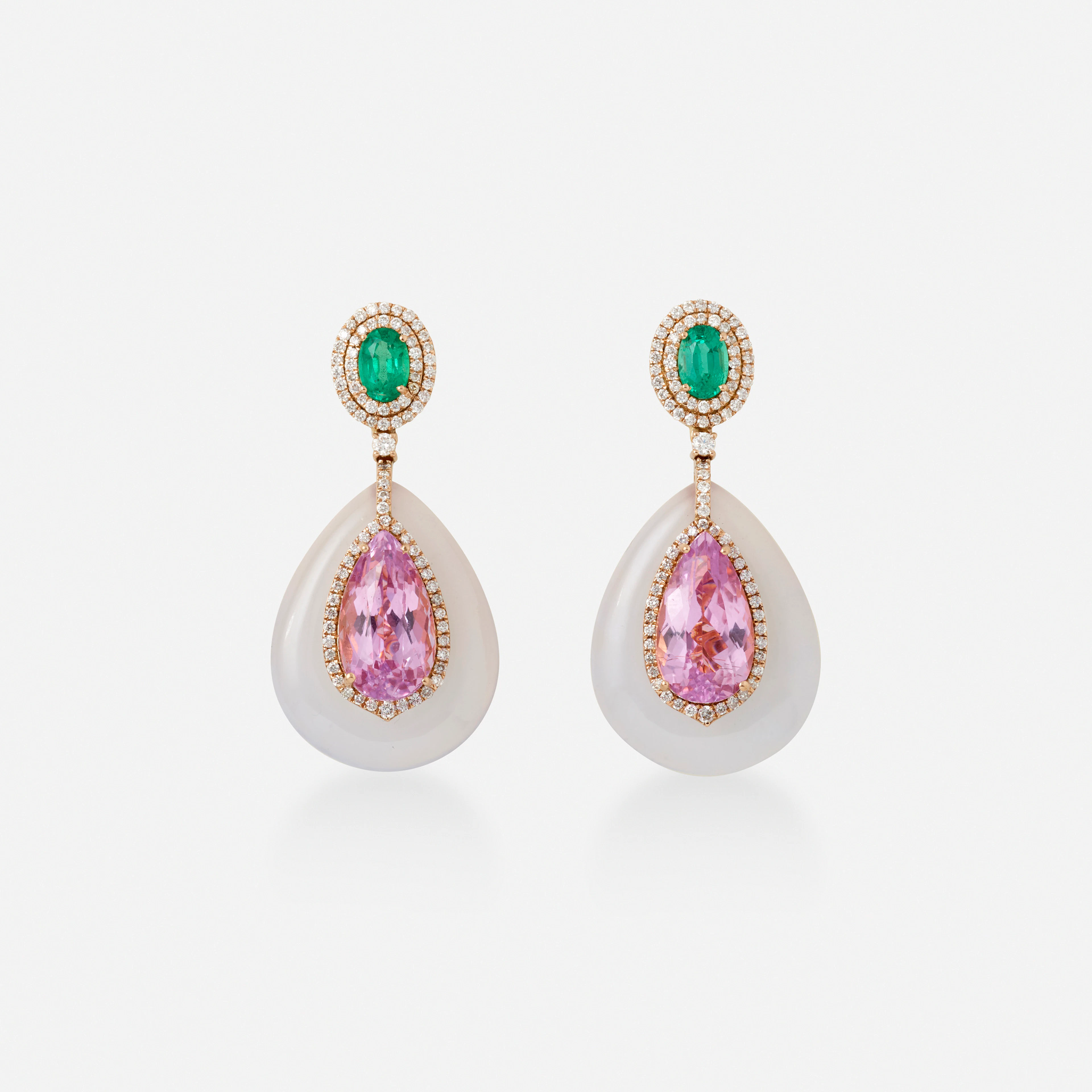 Chalcedony, emerald, and kunzite earrings