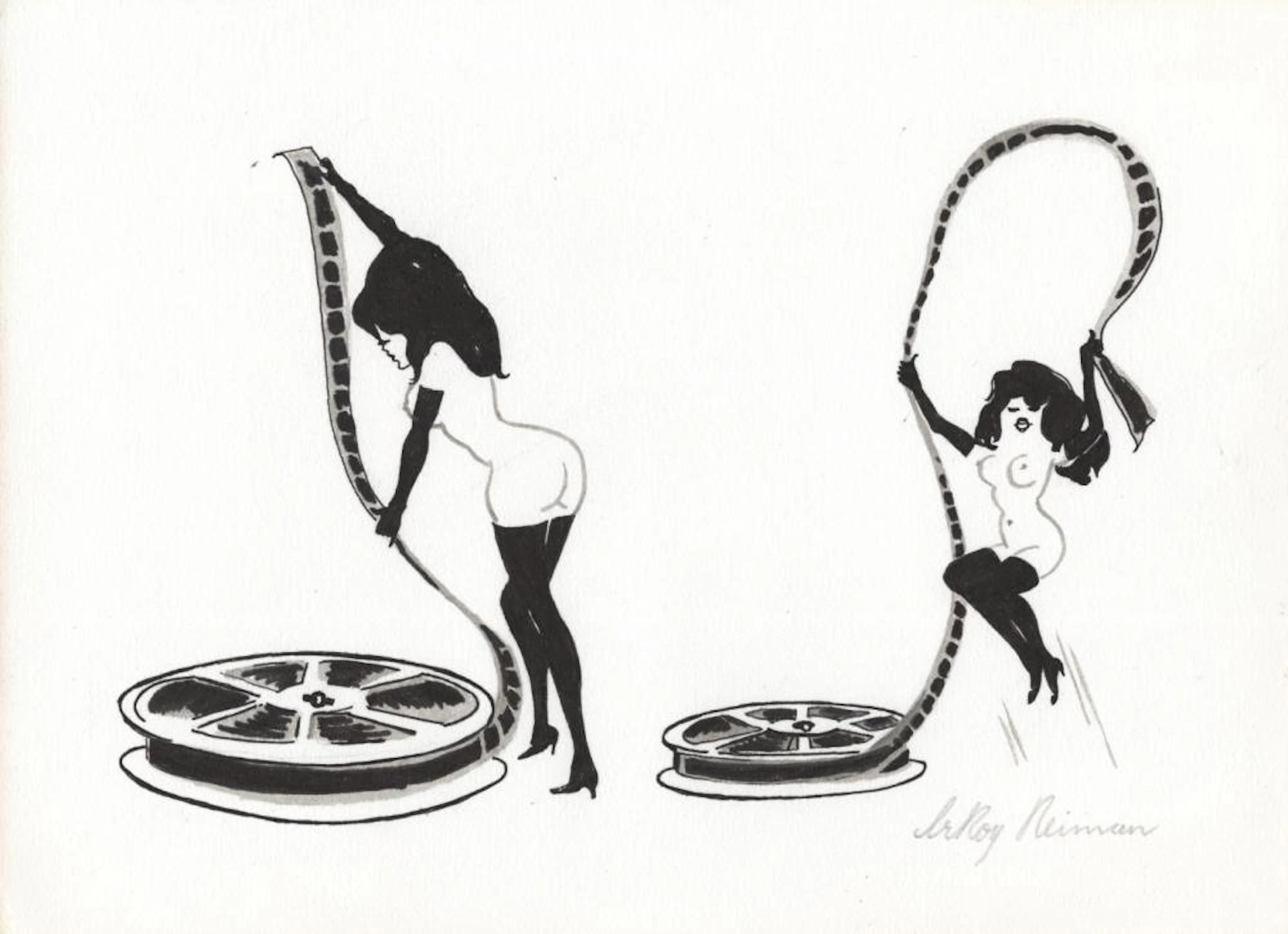 LEROY NEIMAN - Femlin Playing with Reel to Reel Film Tape...