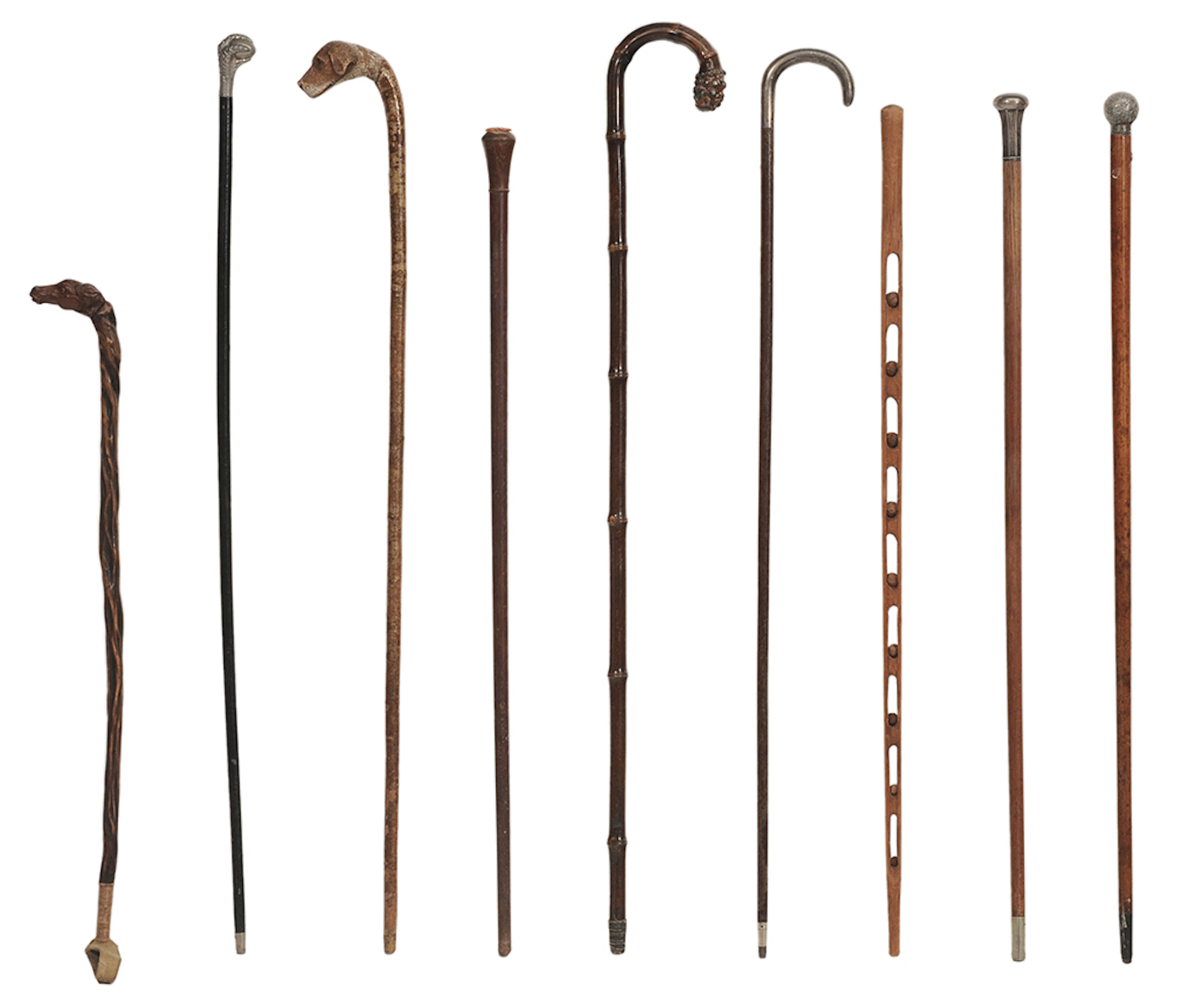 Eight Carved and Cast Metal Canes and Walking Sticks, Riding Crop