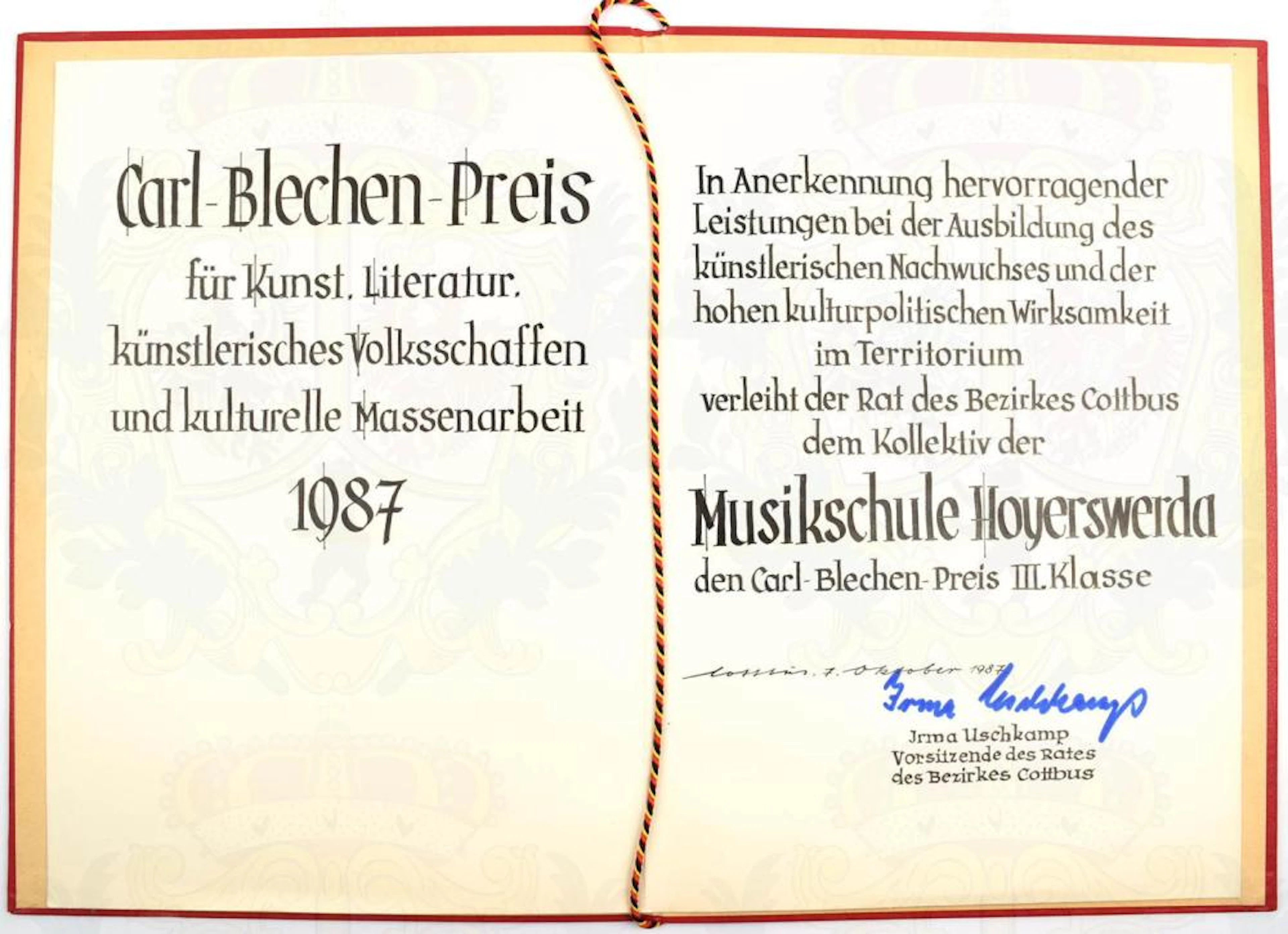 VERLEIHUNGSURKUNDE CARL BLECHEN PREIS, VU für Carl Blechen Preis III Klasse