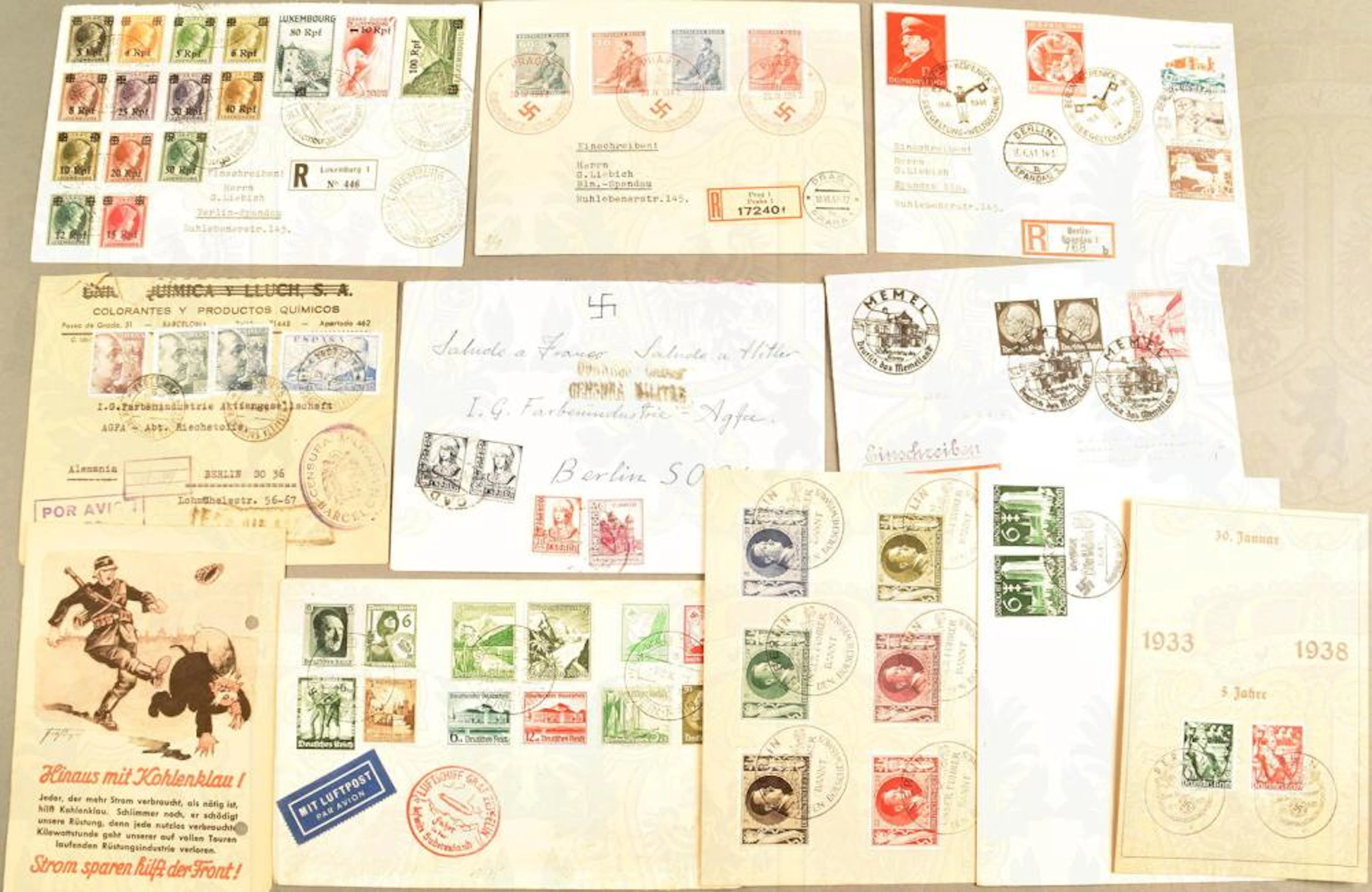 25 envelopes, collecting letters and commemoration issues 1938-1943