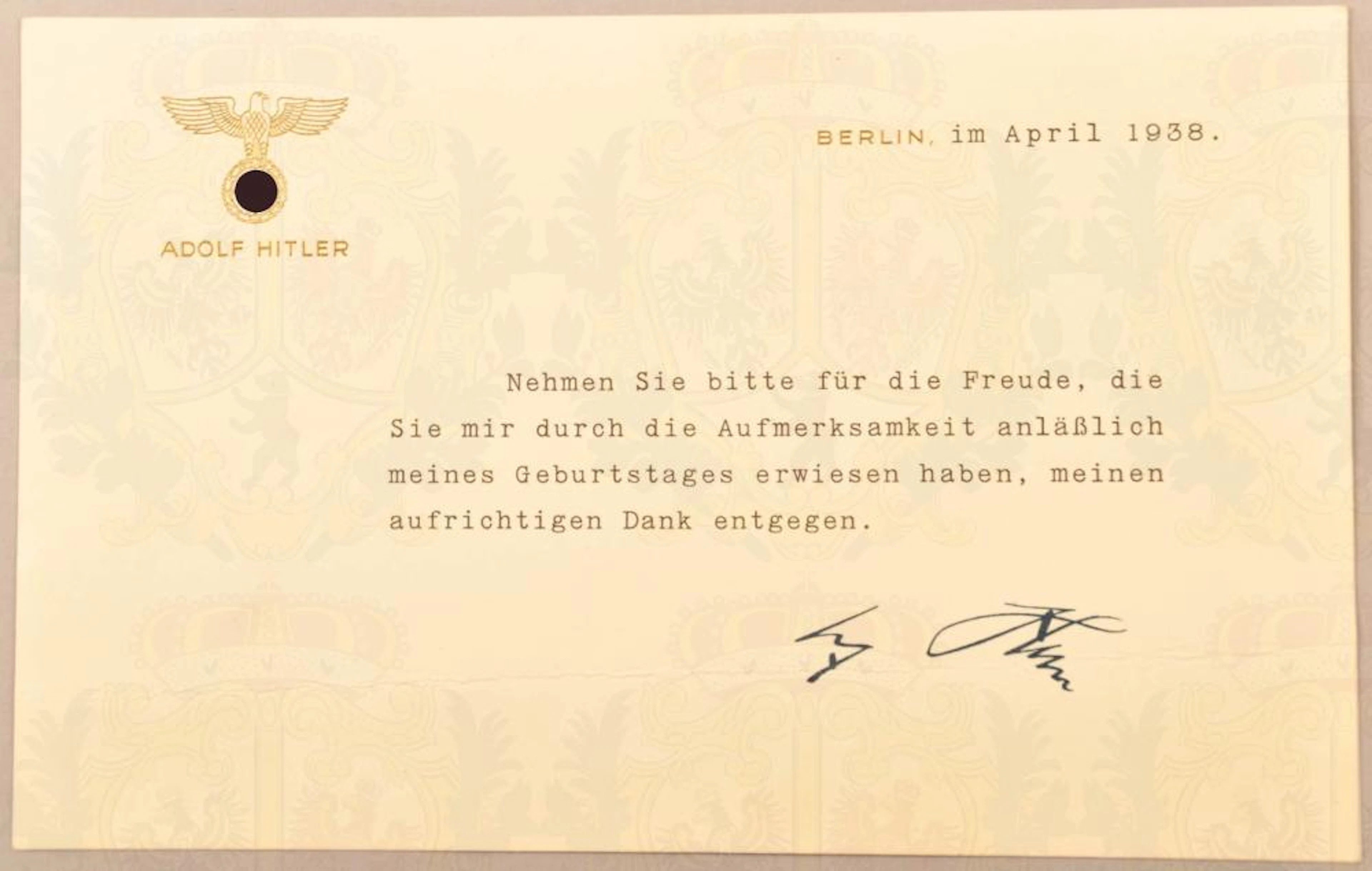 Dankeskarte Adolf Hitler 1938