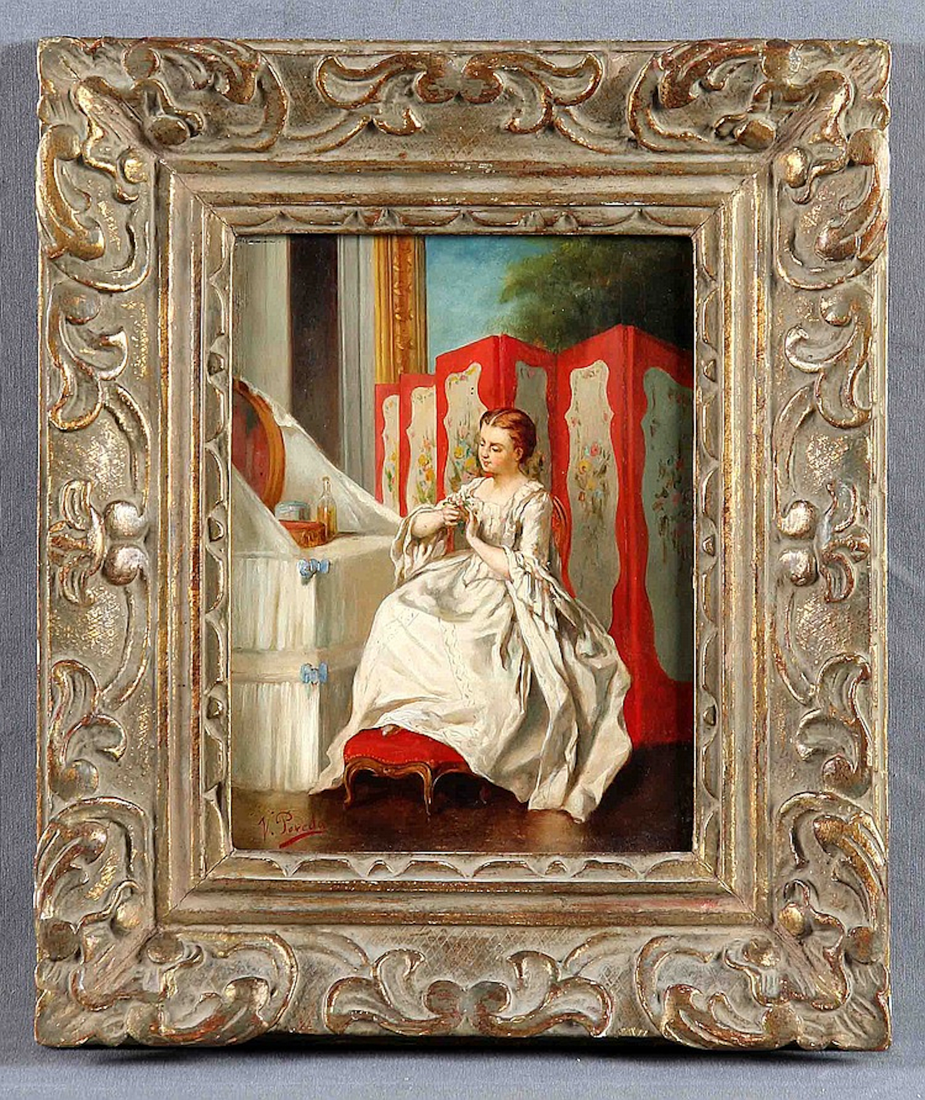 POVEDA, VICENTE (1857-1935). "Dama en el tocador». Oil on board