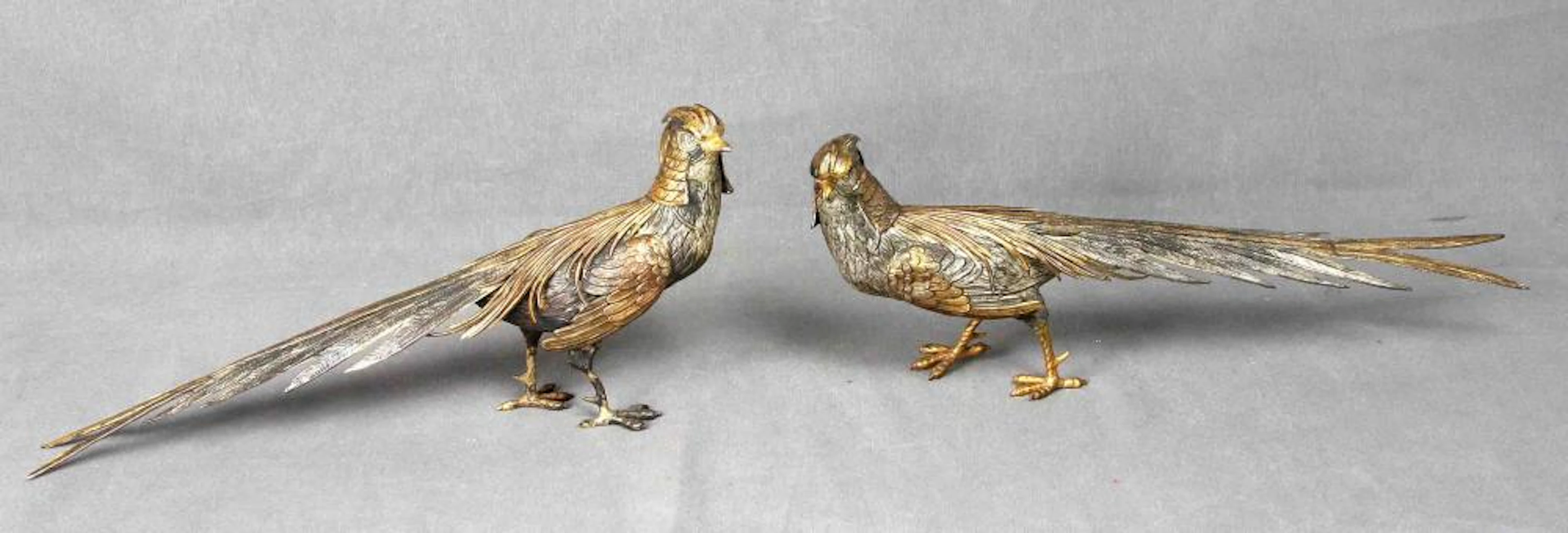 Pareja de faisanes. En plata española punzonada, c