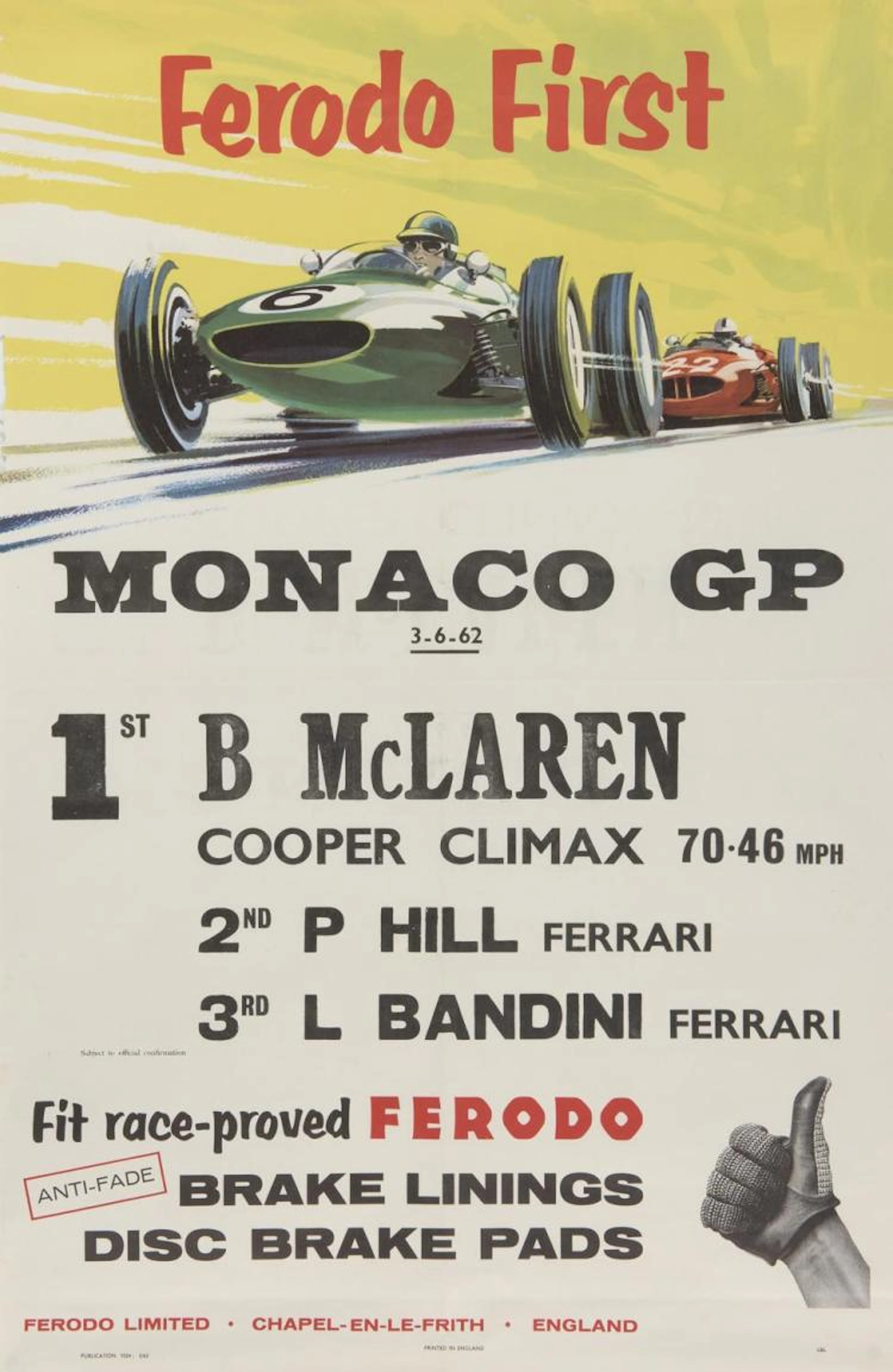 MONACO GP: A Ferodo First Monaco Grand Prix results poster from 3rd June