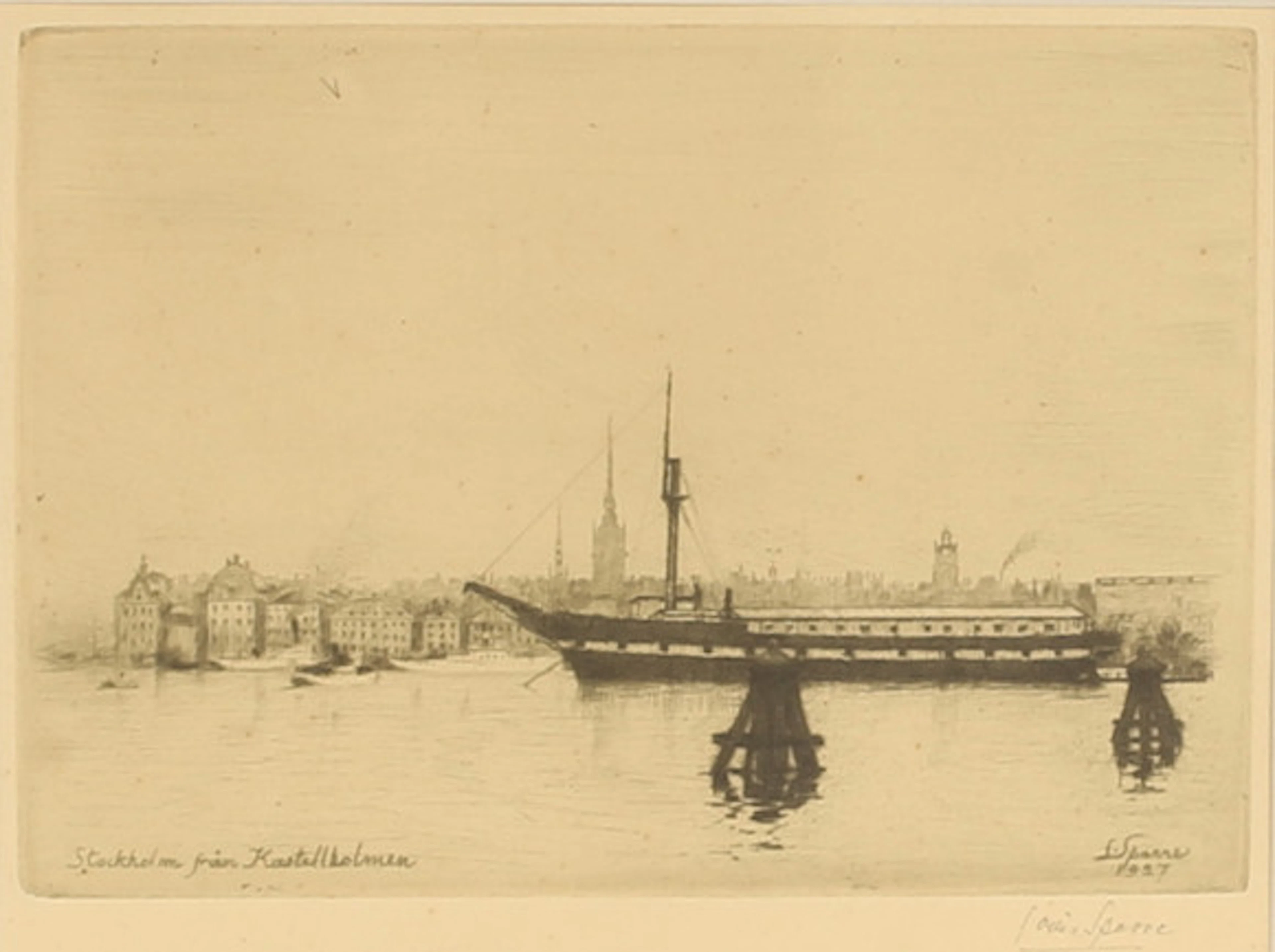LOUIS SPARRE. Etsning, "Stockholm från kas…