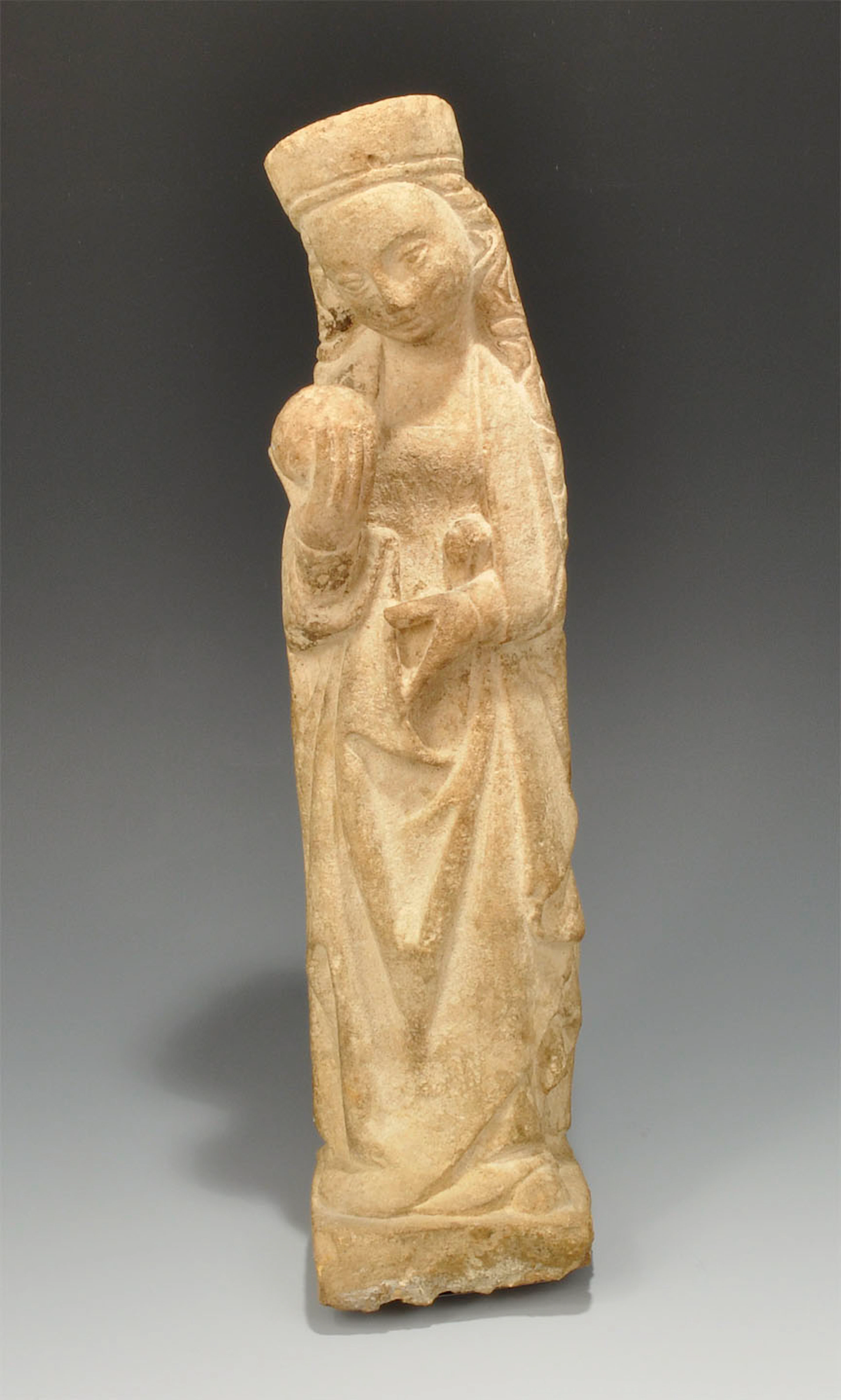 Medieval Limestone Madonna with Orb Statuette