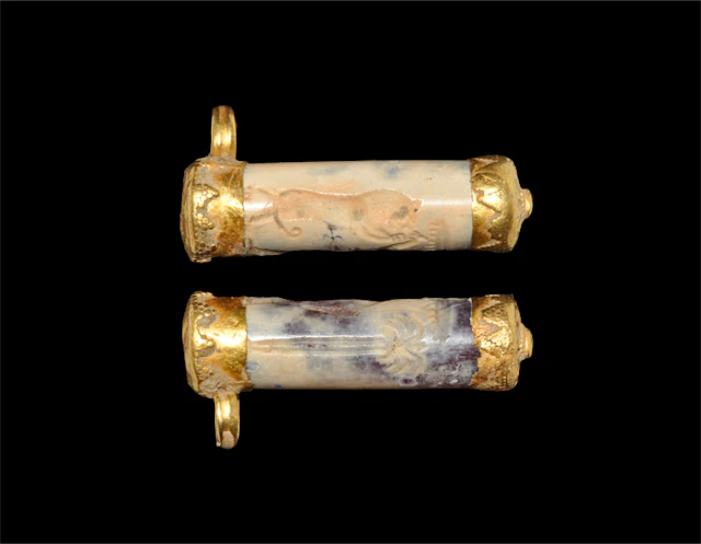 Near Eastern Assyrian Gold Seal Caps with Later Cylinder Seal