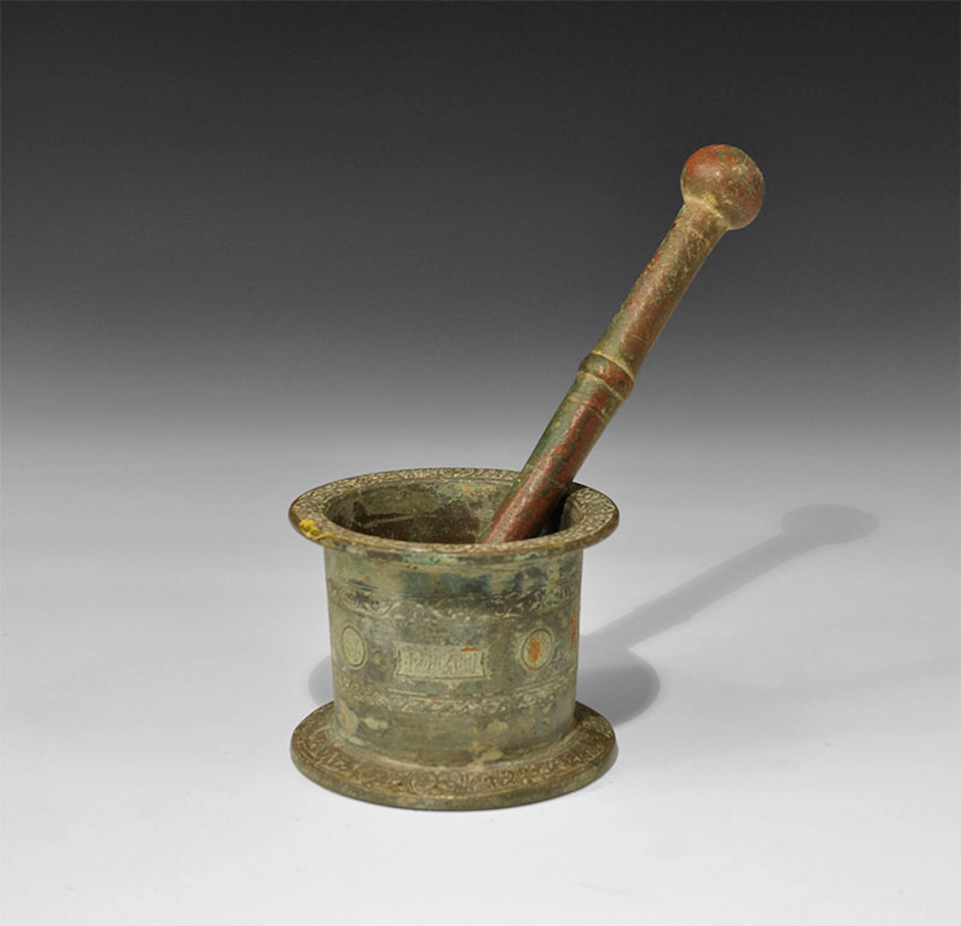 Islamic Khorasan Bronze Silver-Inlaid Mortar and Pestle