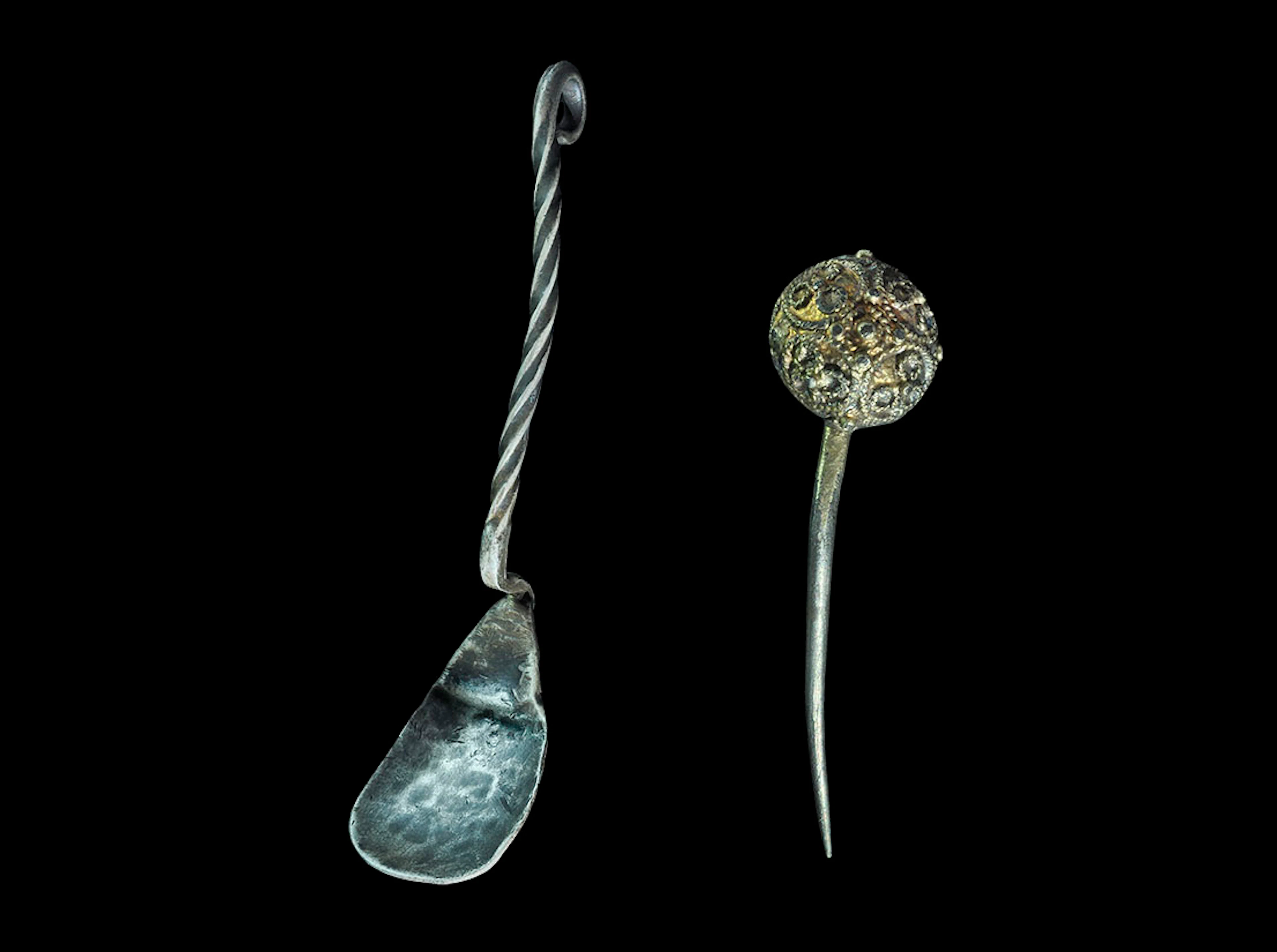 Post Medieval Tudor Period Gilt Pin and Spoon Group