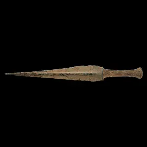 A short bronze dagger, the rectangular flanges of the ricasso extended ...