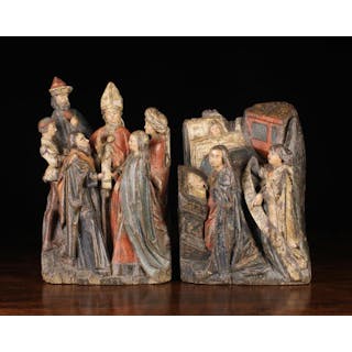 Two 16th Century Oak Retable Carvings with polychrome...