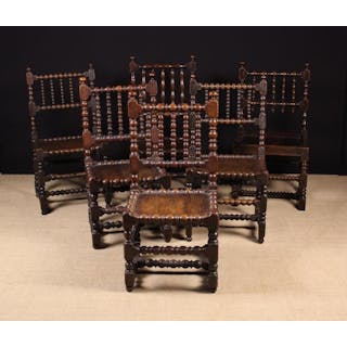 Six 17th Century Turned Oak Spindle Back Dining Chairs Circa 1670's