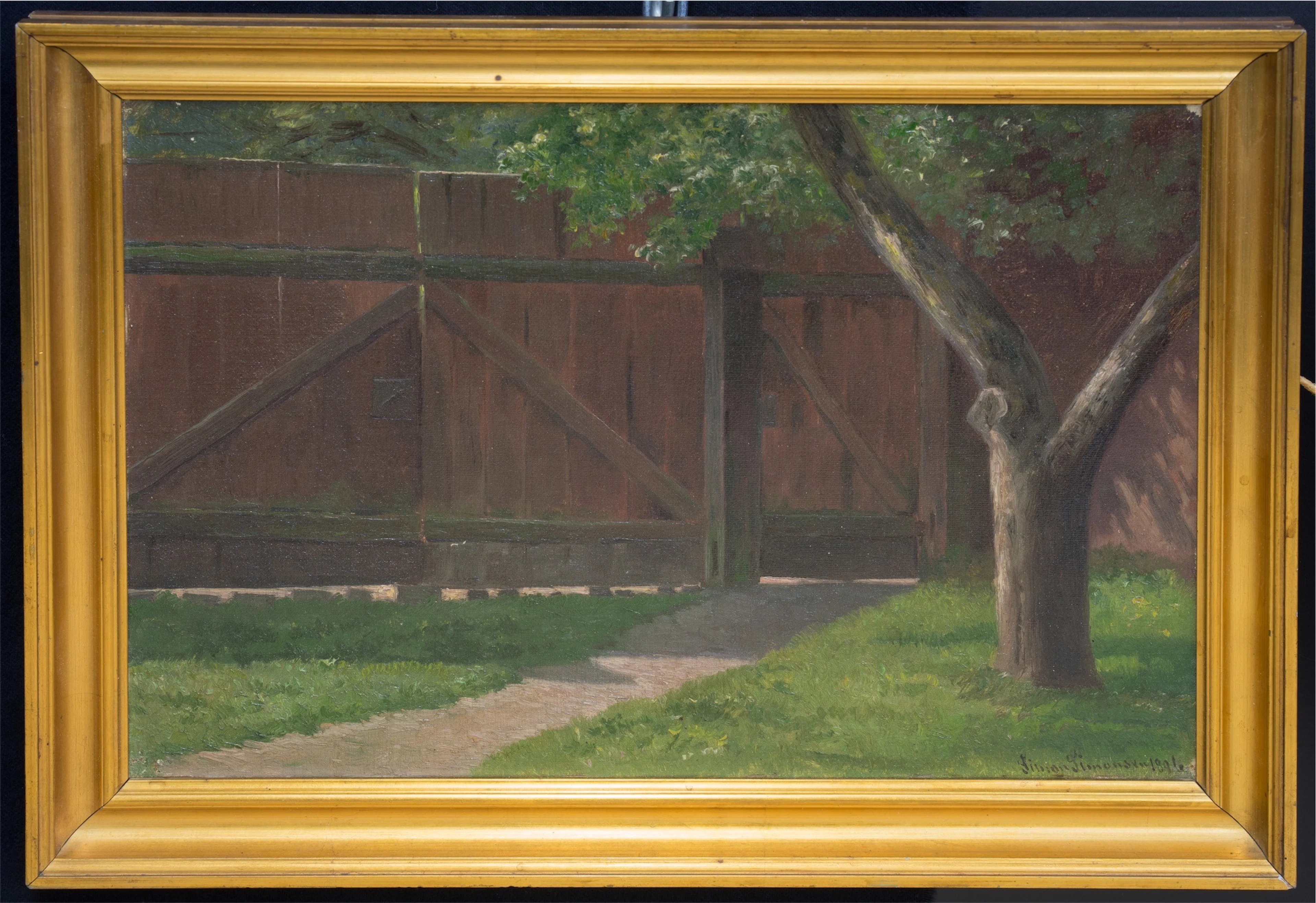 SIMON SIMONESEN (1841 MÜNCHEN - 1928 KOPENHAGEN). Sommerlicher Garten mit Blick auf einen Zaun. Öl auf Leinwand, auf Malpappe aufgezogen.