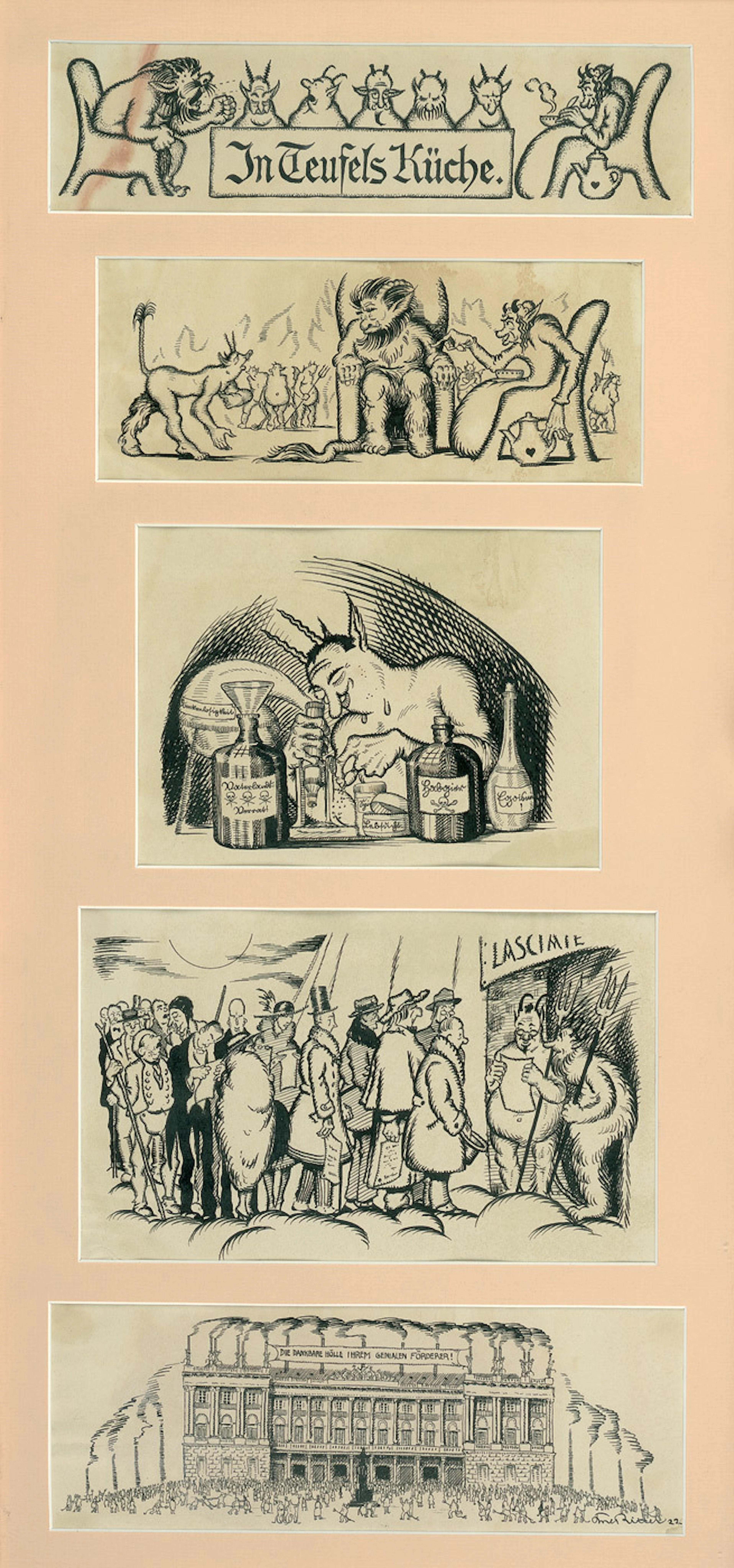 KARL RITTER. In Teufels Küche. 5 originale Federzeichnungen, eine signiert.