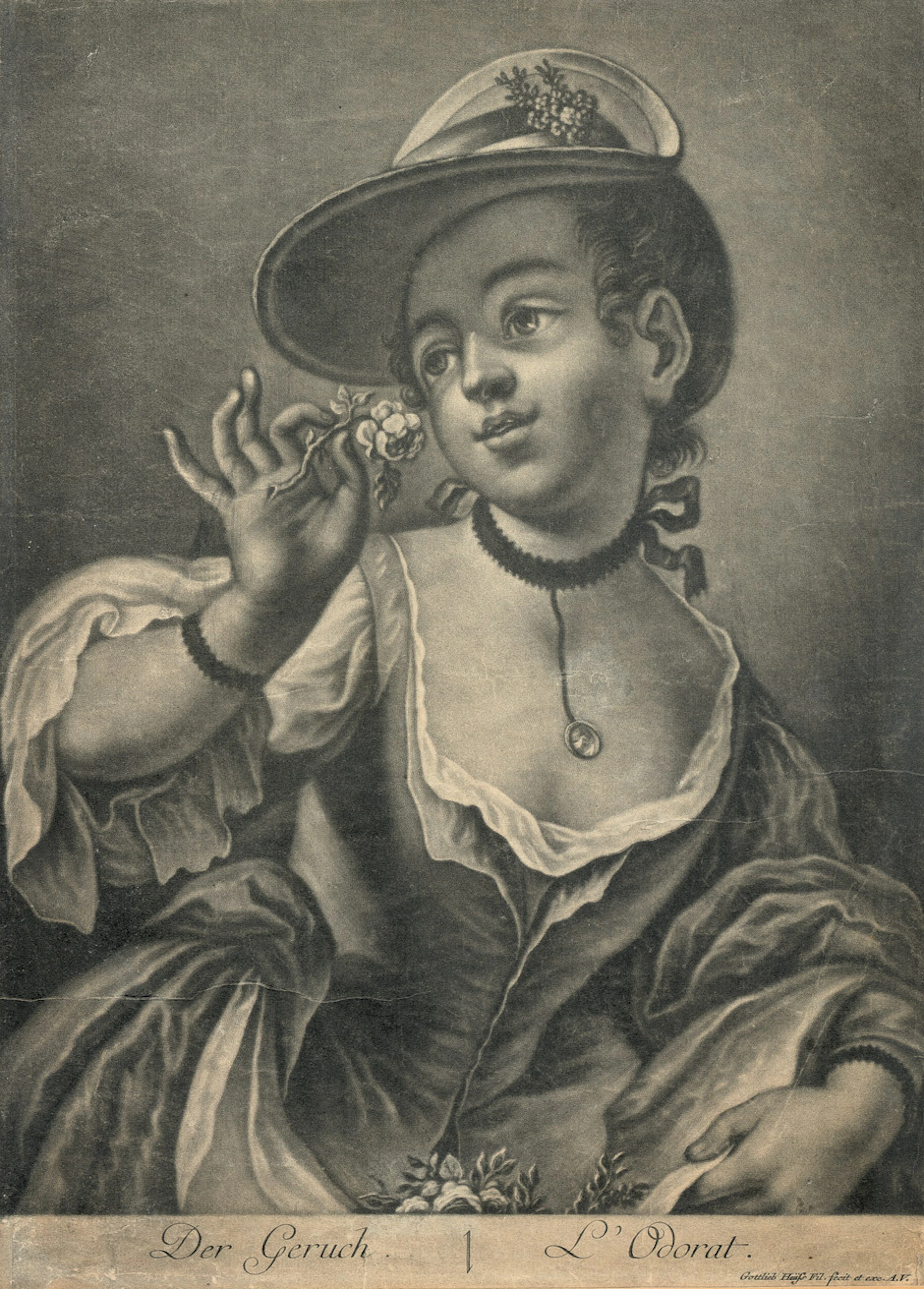 GOTTLIEB HEISS. Die Fünf Sinne. Graphikfolge von 5 originalen Schabkunstblättern.