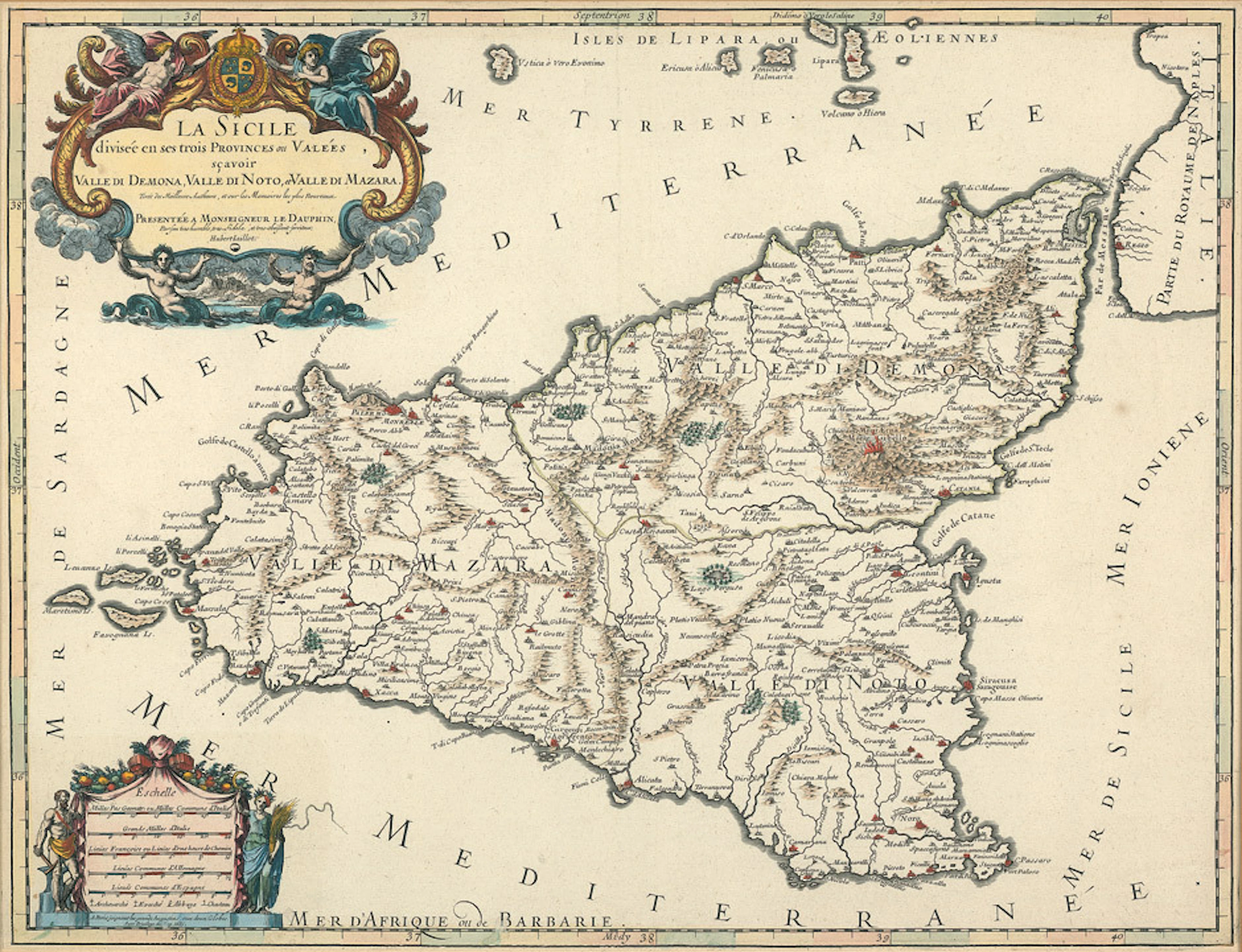 HUBERT JAILLOT. La Sicile divisée en ses trois provinces, Kolorierte Kupferstichkarte von Sizilien.