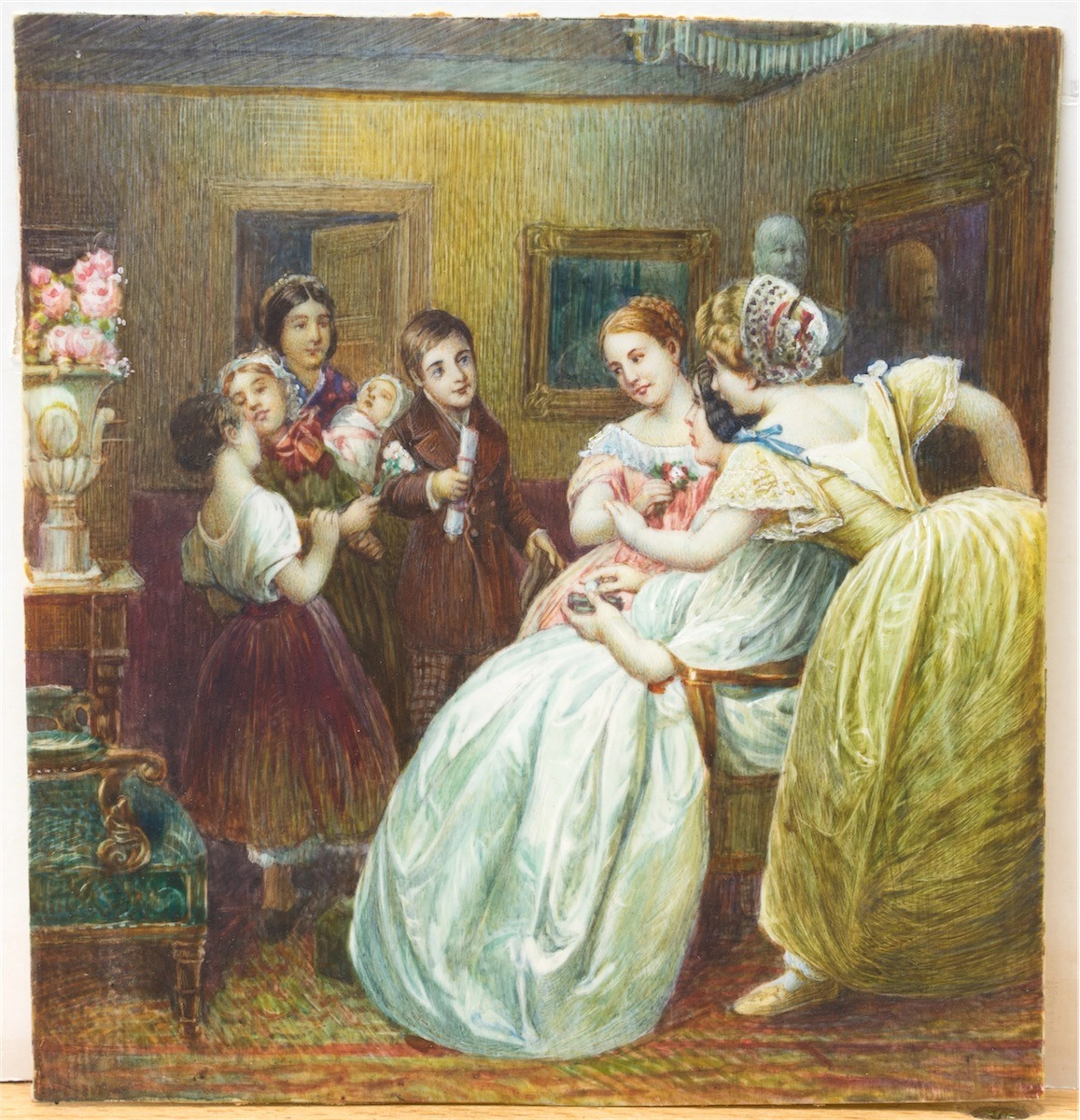 FERDINAND GEORG WALDMÜLLER (1793 WIEN - 1865 HINTERBRÜHL BEI MÖDLING). Nach. Die Gratulanten.Miniaturmalerei mit Gouache, (wohl) auf Elfenbein.