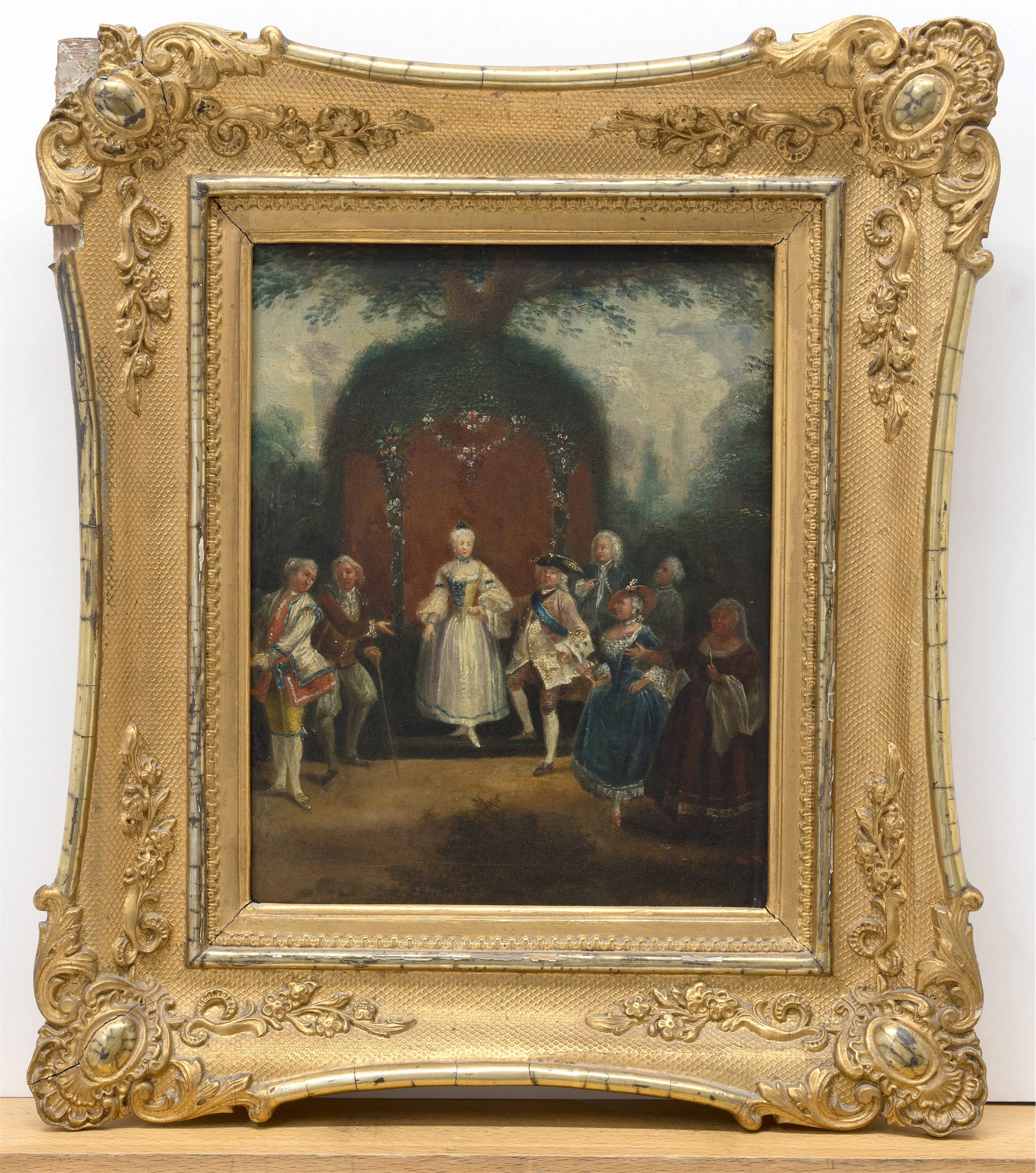 DEUTSCH. 19. Jh. Zwei galante Szenen: Kavaliere und Damen vor einem Gasthaus; Aufforderung zum Tanz. 2 Gemälde, je Öl auf Holz.