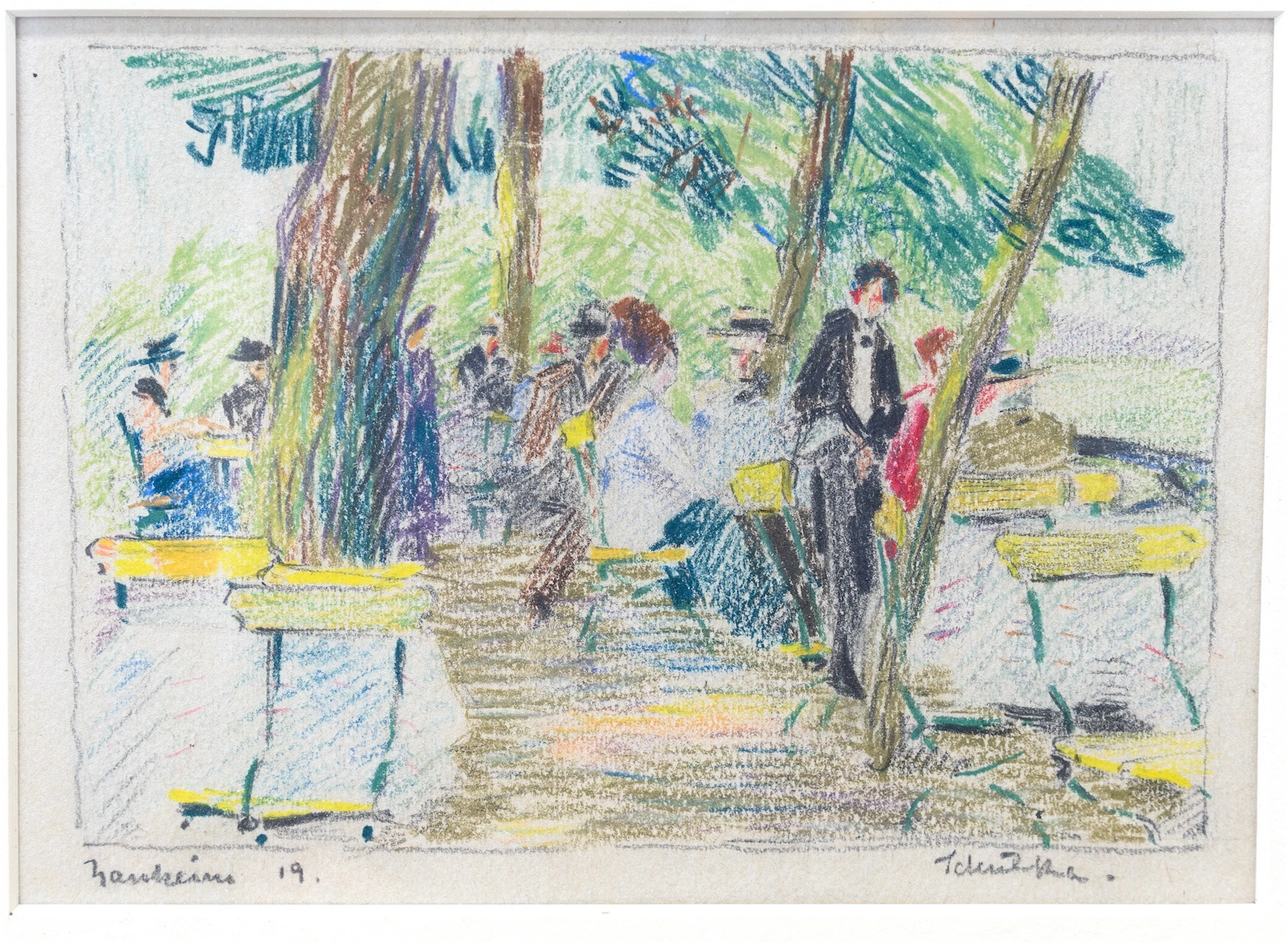 DEUTSCH, 1919. Im Cafégarten. Farbige Kreiden und Bleistift auf festem Velin.