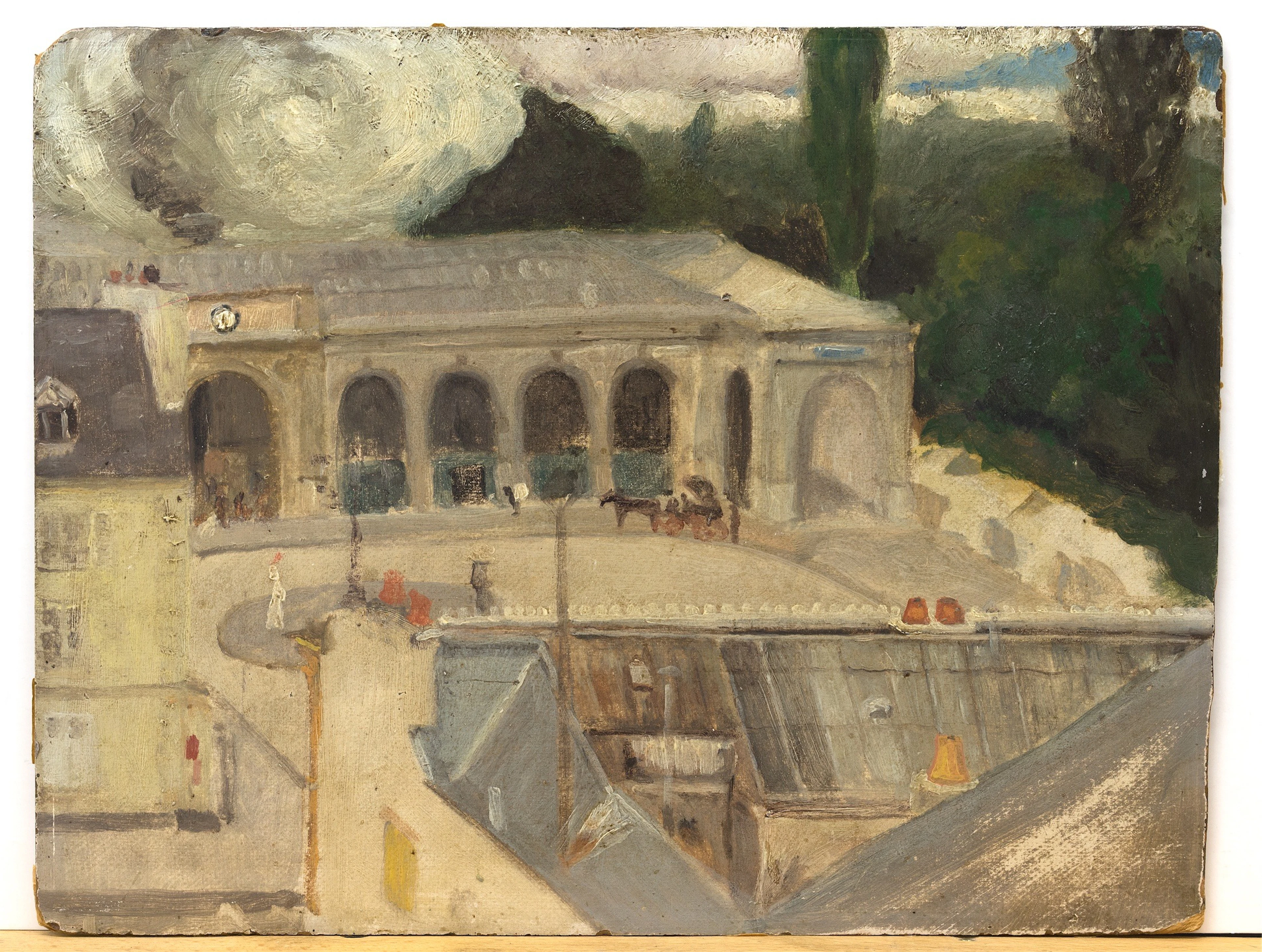FRANZÖSISCH - UM 1920. Blick auf einen Stadtplatz mit Droschke. Öl auf Malkarton.