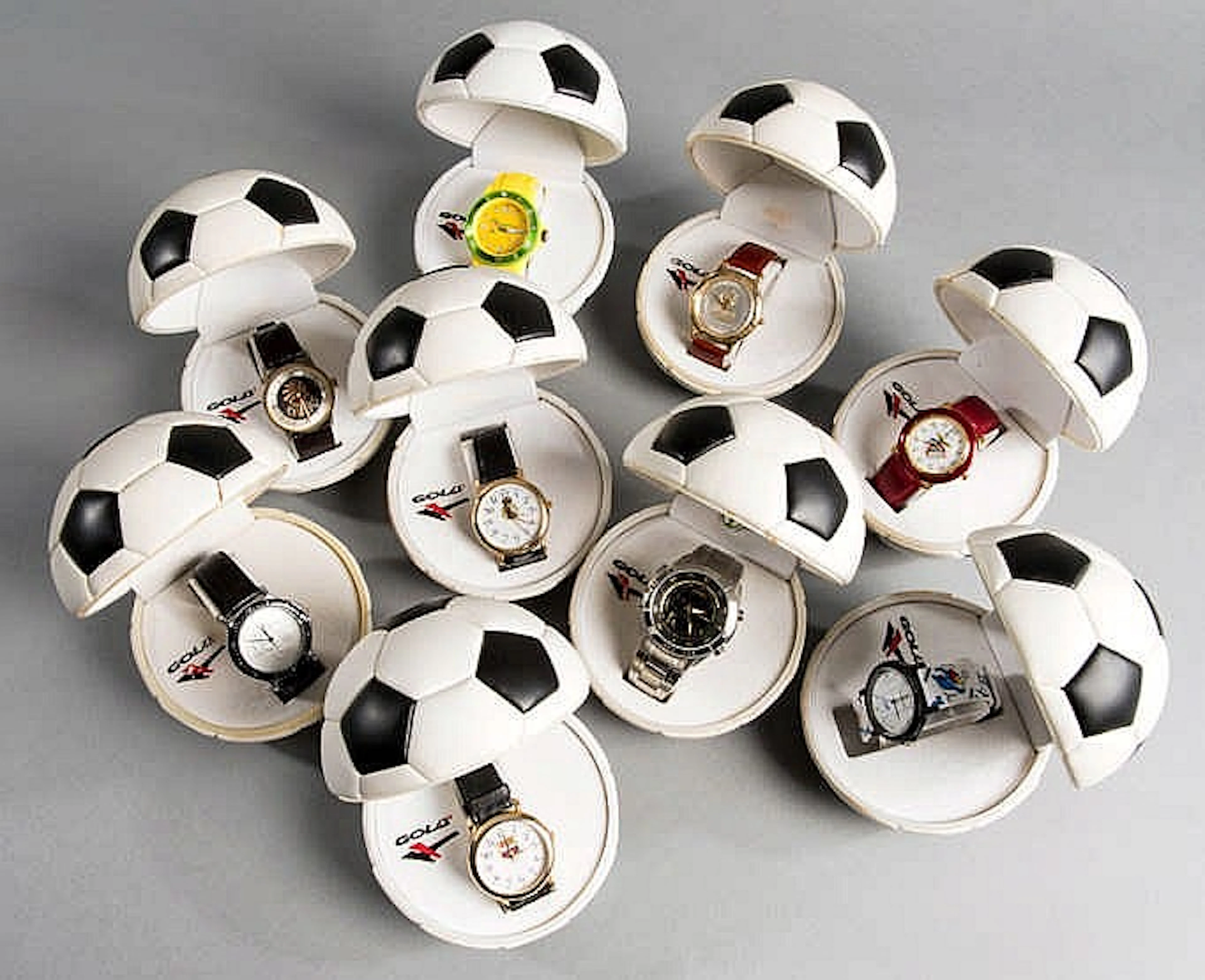Nine football-themed stainless steel cased gentleman's quartz wristwatches