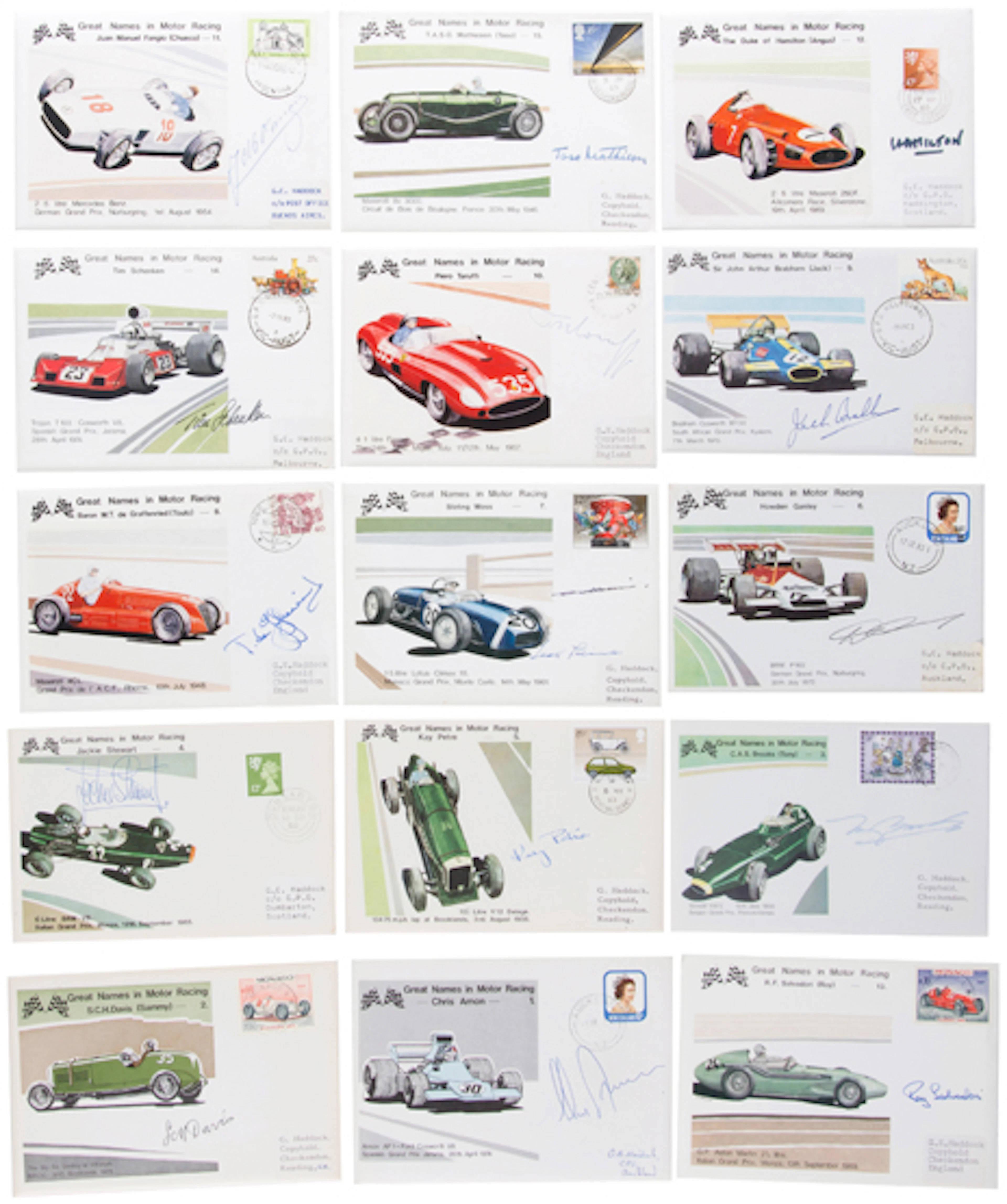 A collection of 15 autographed 'Great Names in Motor Racing' 1980 postal co
