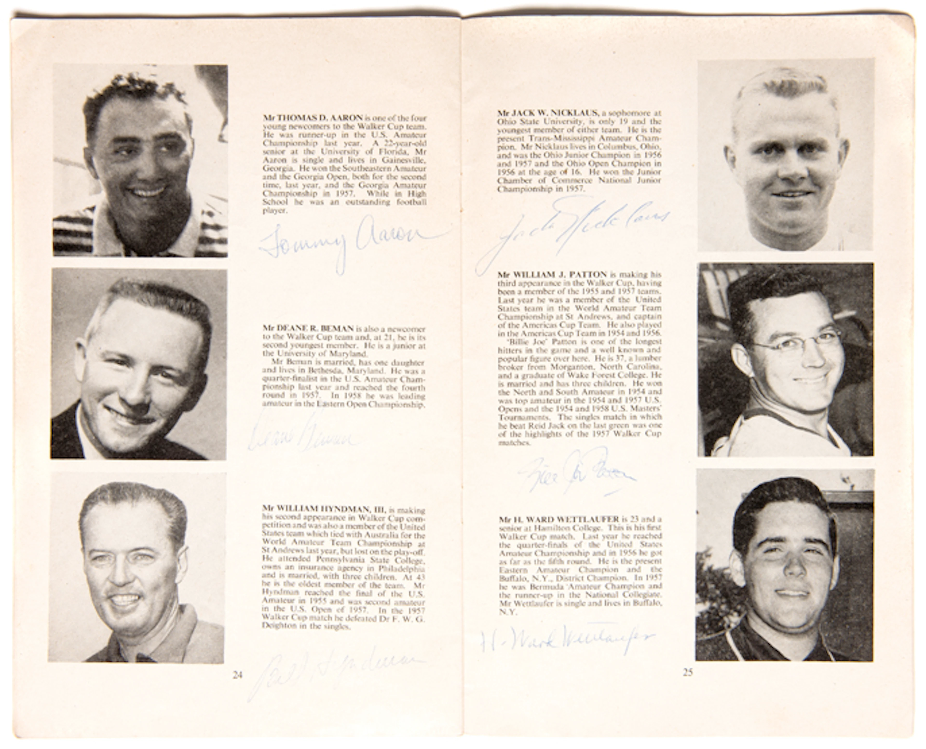 Autographed 1959 Walker Cup international golf match programme, fully-signe