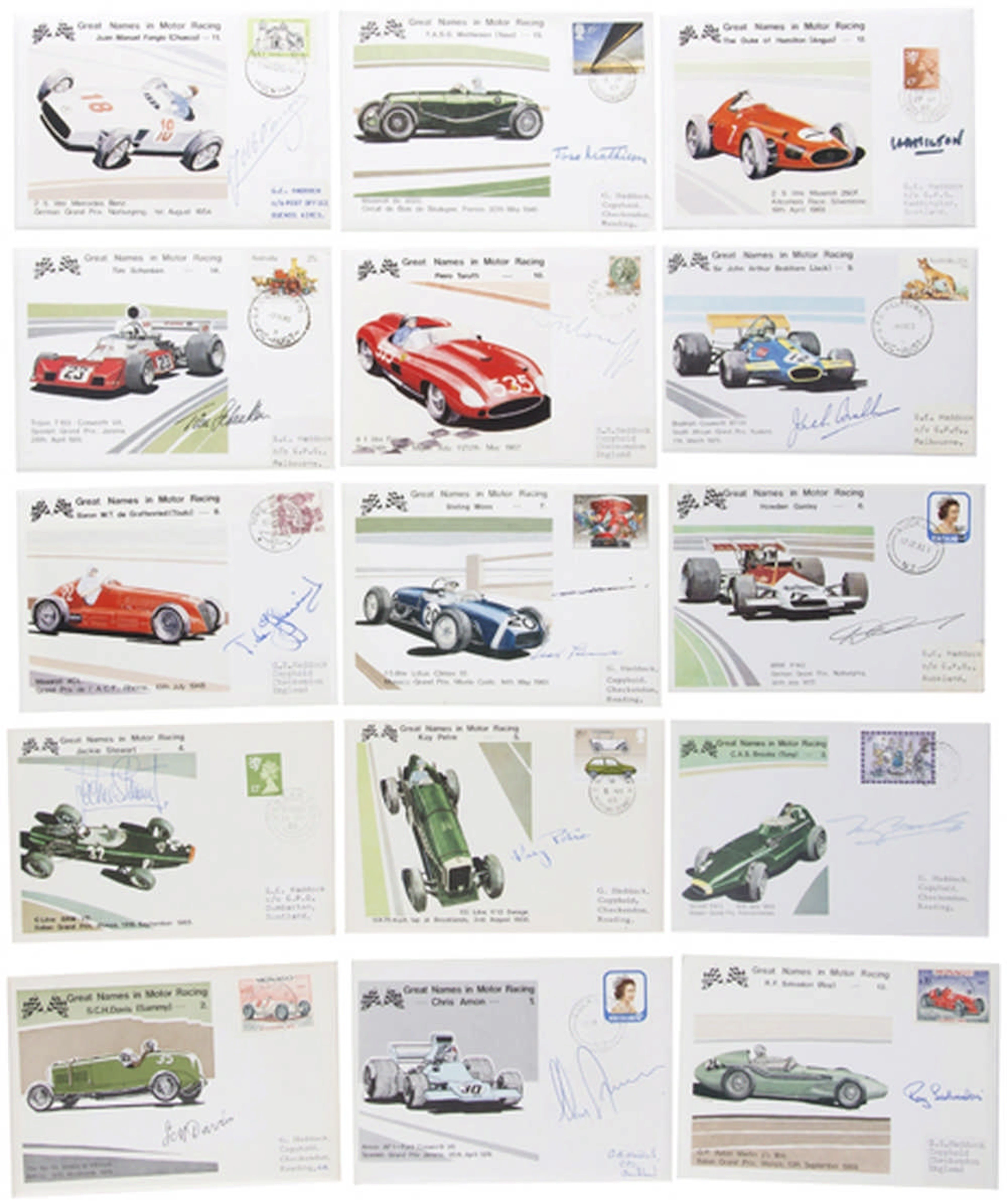 A collection of 15 autographed 'Great Names in Motor Racing' 1980 postal co