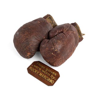 A pair of Rocky Marciano boxing gloves, brown leather by Goldsmith of Cinci
