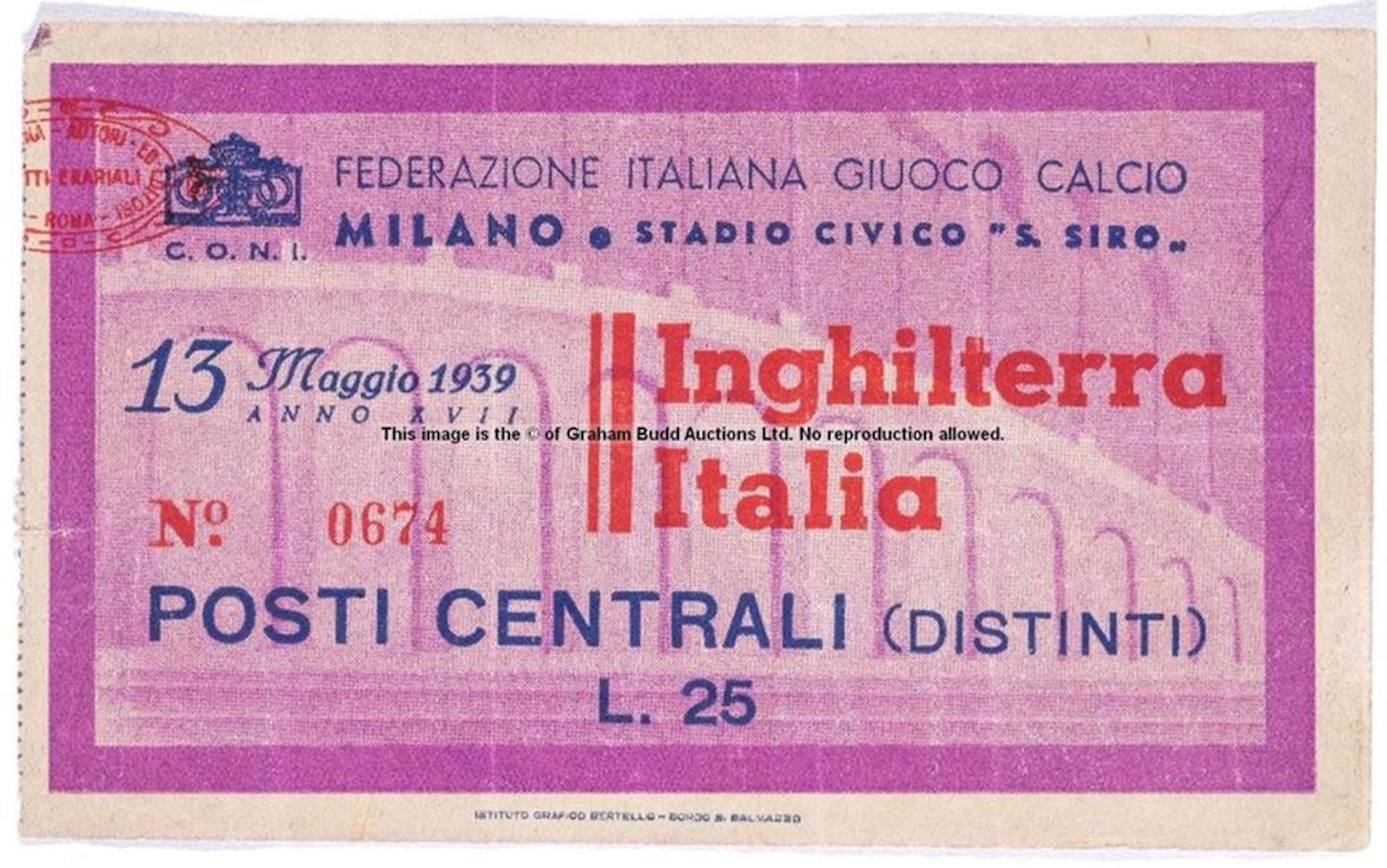MATCH TICKET FOR THE 1939 ITALY V ENGLAND FRIENDLY INTERNATIONAL AT SAN SIRO